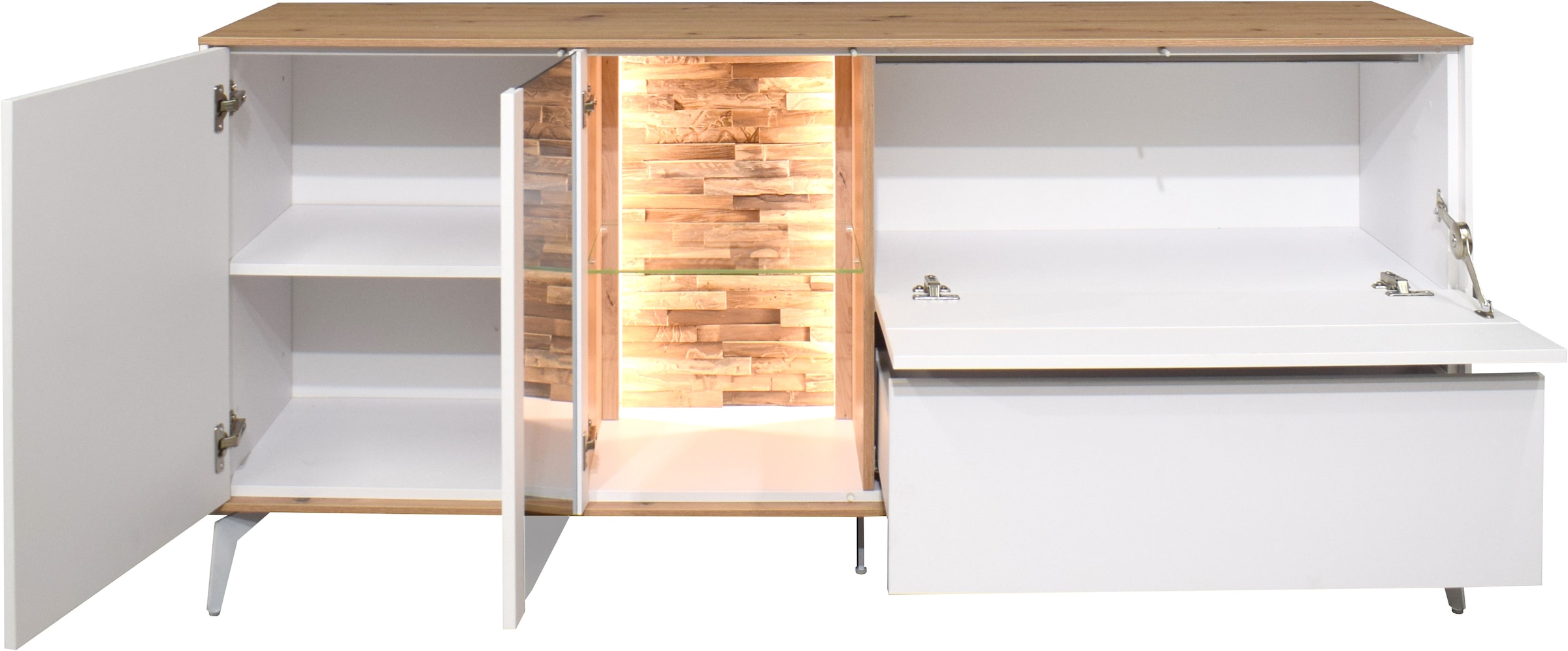 Mäusbacher Lowboard Faro Lowboard B 169 cm, inkl.Beleuchtung, Push to open, Metallfüße