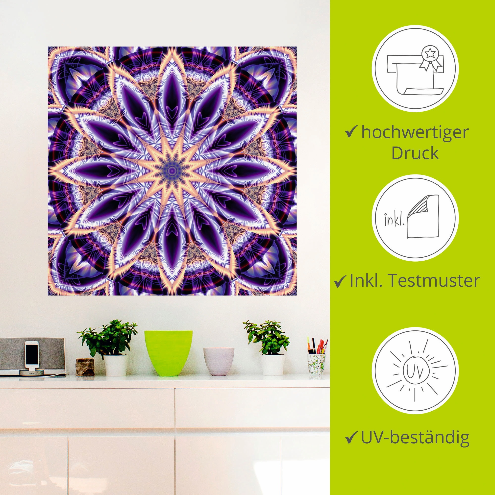 Artland Wandbild »Mandala Stern lila«, Muster, (1 St.), als Leinwandbild, Wandaufkleber in verschied. Größen