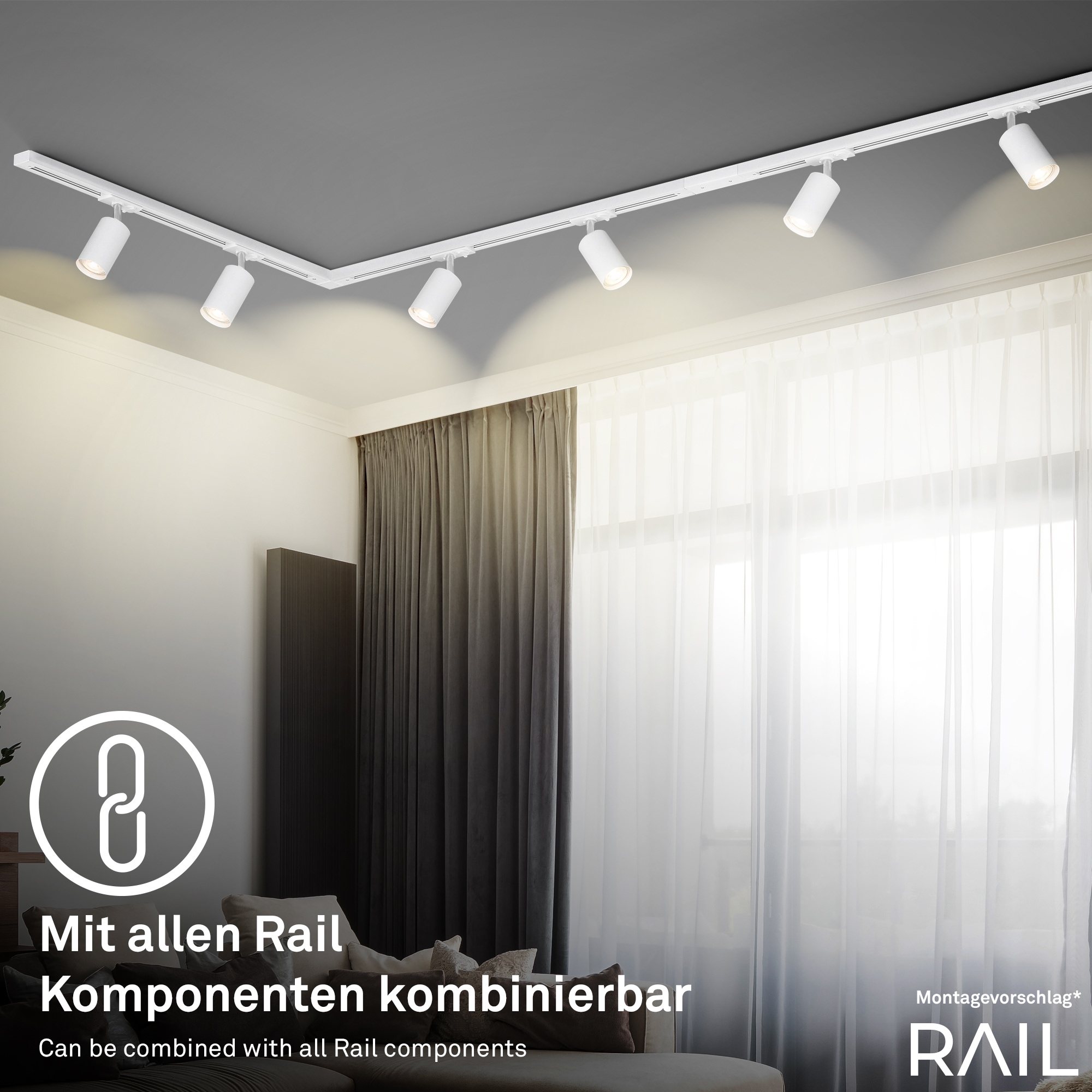 Briloner Leuchten Schienensystem-Sets »RAIL« GU10 9 Stk. Schienensystem Rail 1,5 m Weiß max. 9W Decke Wohnzimmer Büro Küche