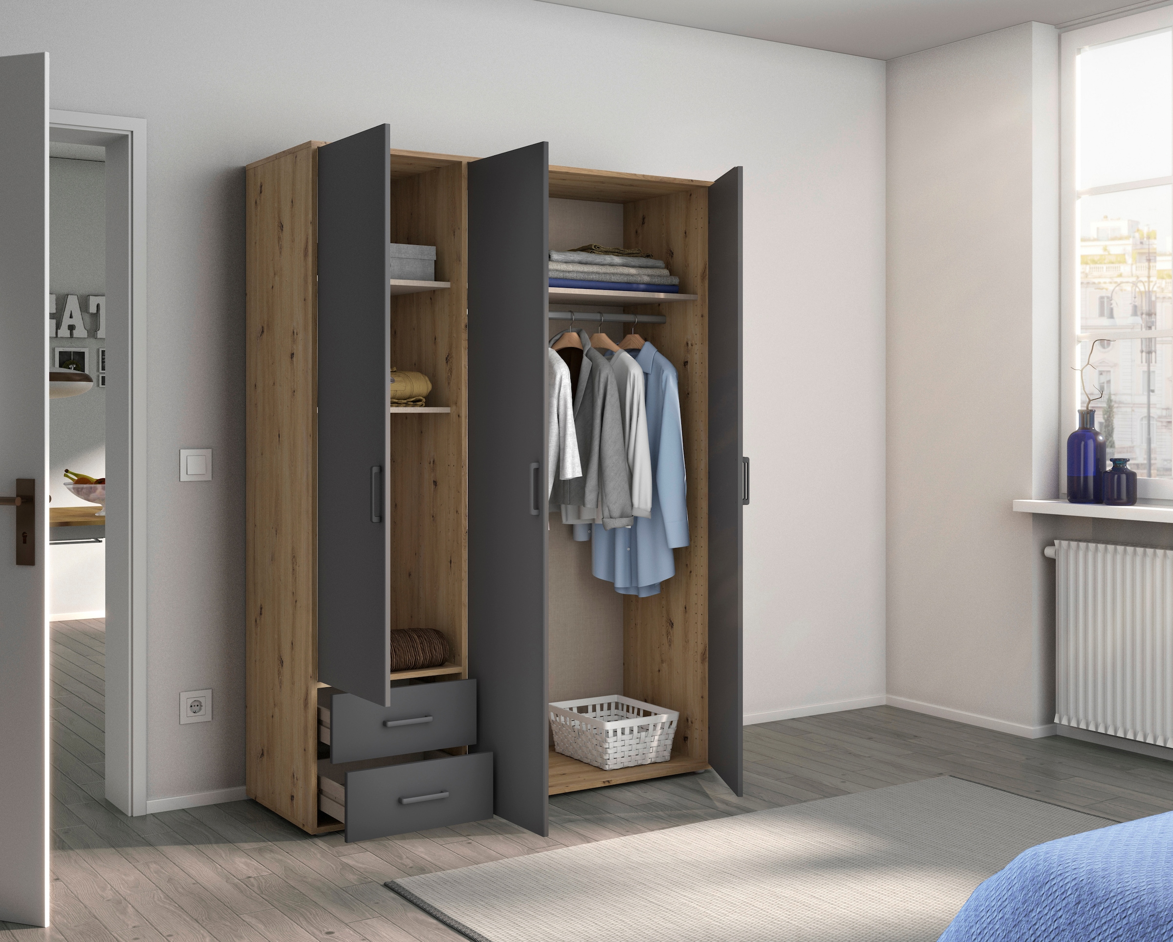rauch Drehtürenschrank »Voyager, Kleiderschrank mit Außenschubkästen, Garderobe«, (in 3 verschiedenen Ausstattungen BASIC/CLASSIC/PREMIUM), Made in Germany