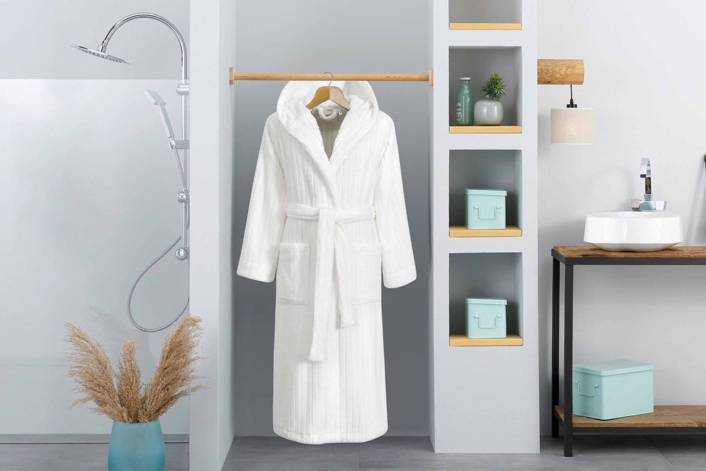 LeGer Home by Lena Gercke Unisex-Bademantel »Lovina gestreift, ideal für Sauna & Spa, Hotelbademantel, Morgenmantel« 1 Stk. Hoch-Tief, kuschelig weicher Fleece, plüsch, Damen und Herren, XS-3XL