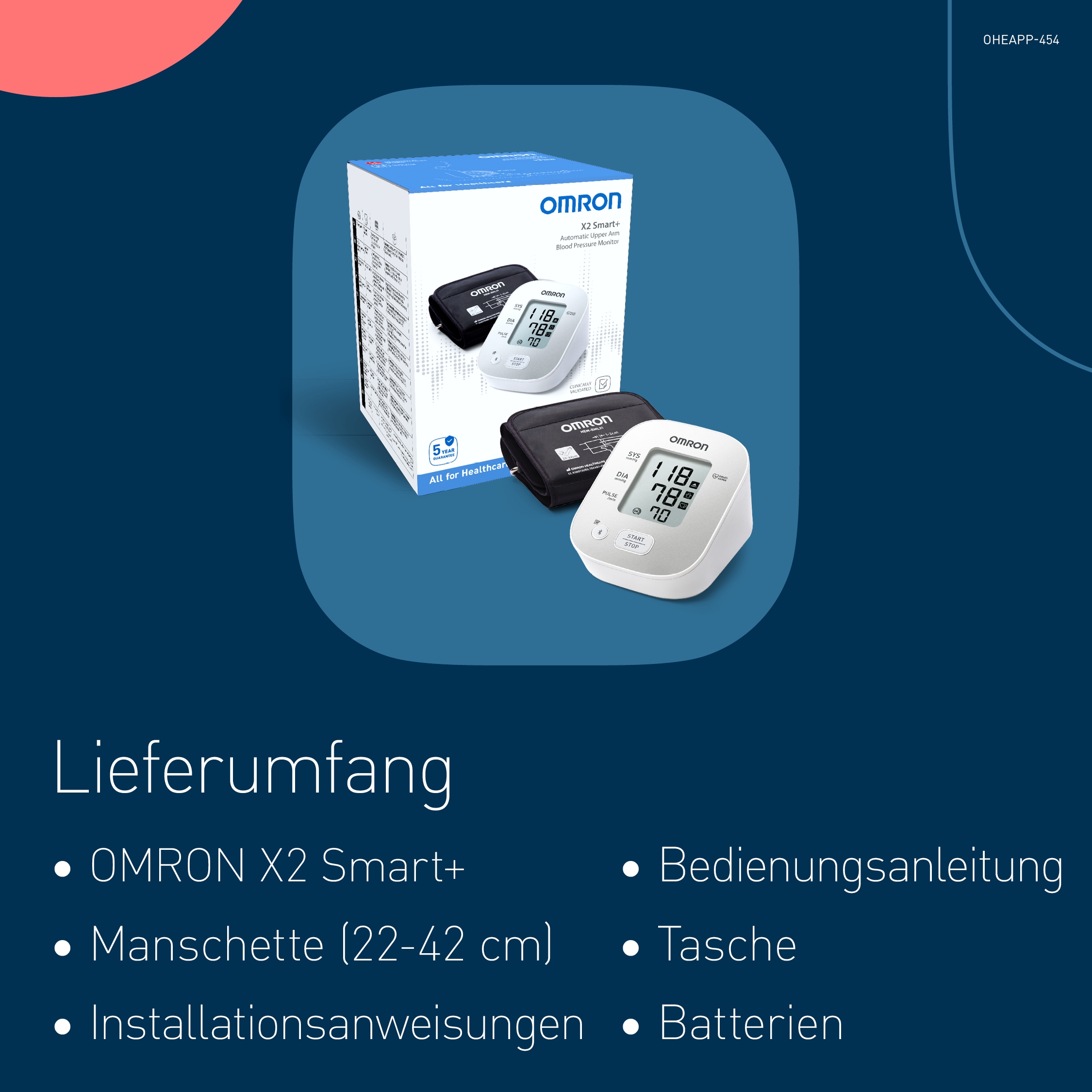 Omron Oberarm-Blutdruckmessgerät »OMRON X2 Smart+«, klinisch validiert, mit kostenloser App, Universalmanschette 22-42 cm