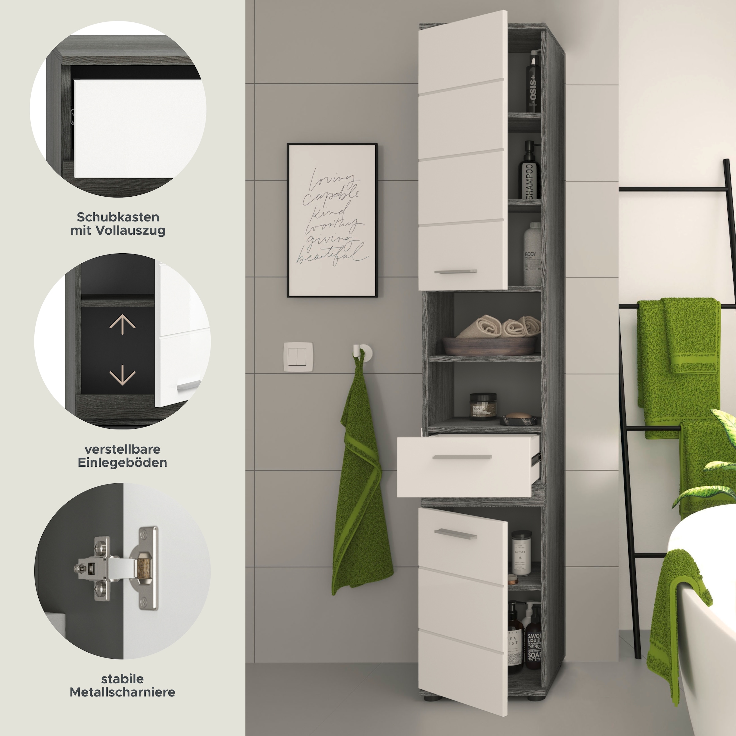 welltime Hochschrank »LUCCA, TOPSELLER!, Breite 35cm, 2 Türen, 1 Schubkasten, 2 Fächer«, MDF-Front, Türanschlag wechselbar, Badmöbel, Badschrank, Badezimmer