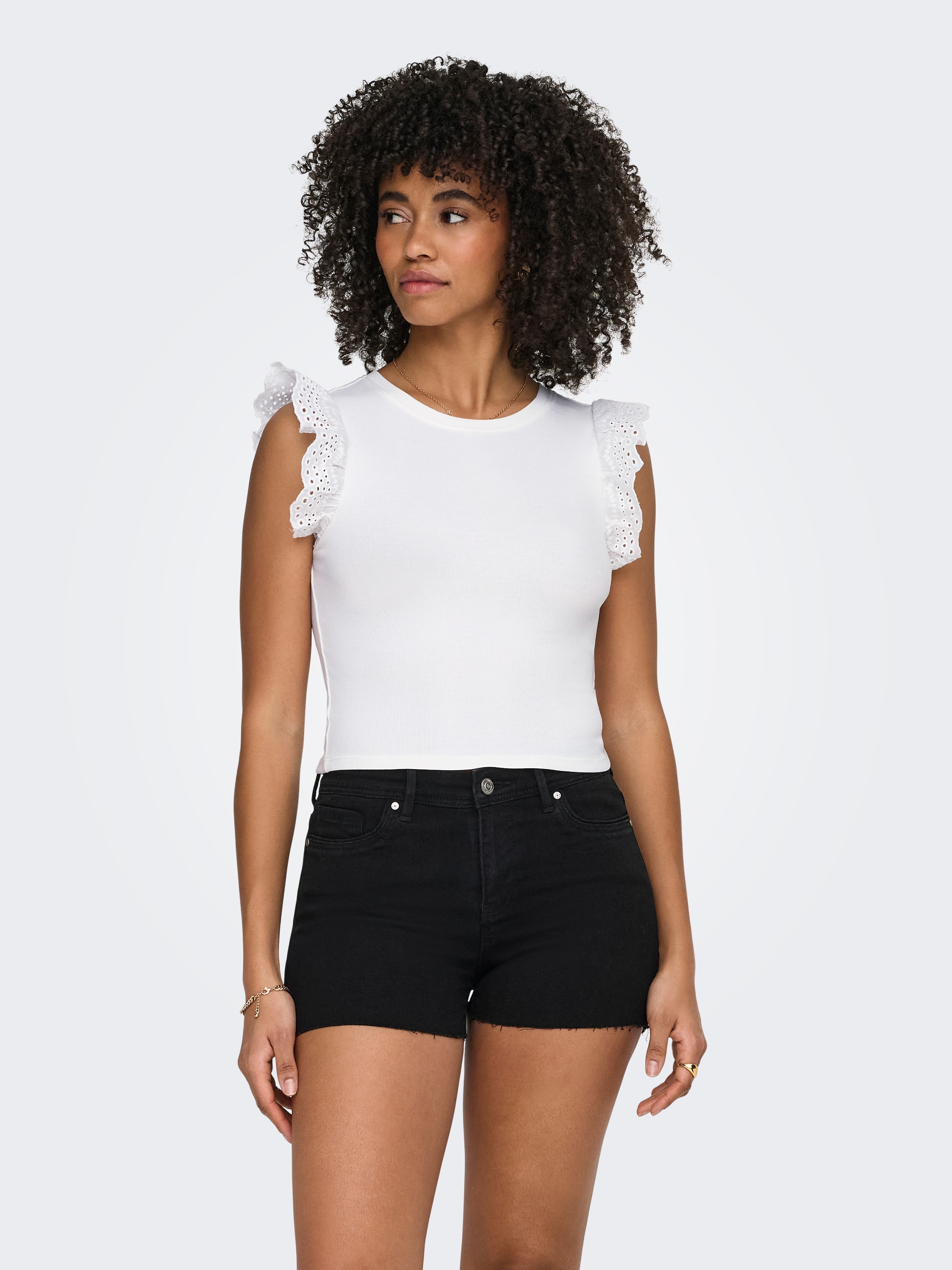 ONLY Rüschentop »ONLMATHILDA S/L LACE DETAIL TOP JRS NOOS« Baumwollmischung, regular fit, Rundhals