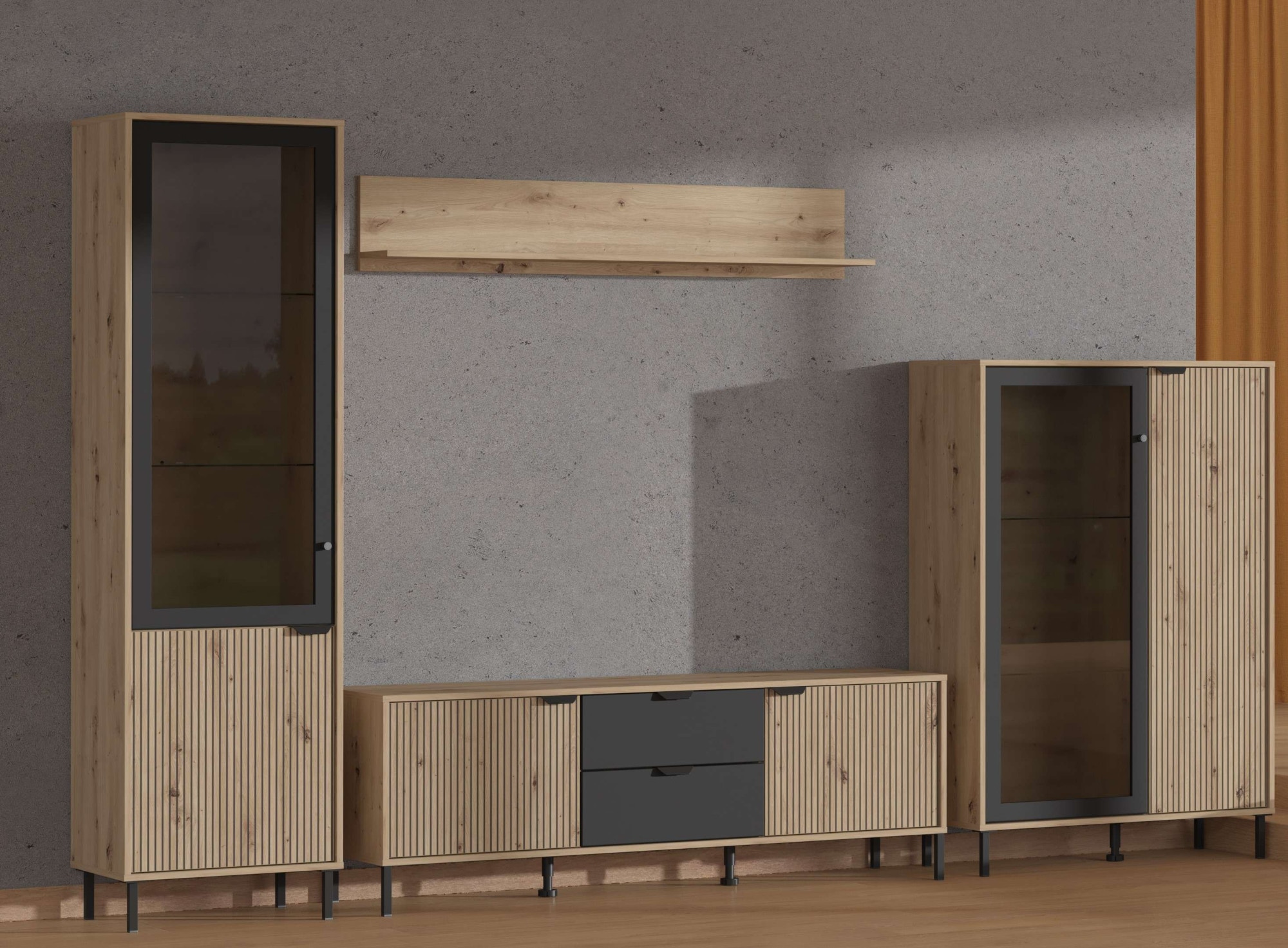 Home affaire Wohnzimmer-Set »Mayenne, inkl. Vitrine H195cm, Highboard H137,5cm, TV-Board, Wandregal«, (Komplett-Set, 4 St.), Es besteht die Möglichkeit, Beleuchtung hinzuzufügen. Breite 304,5 cm