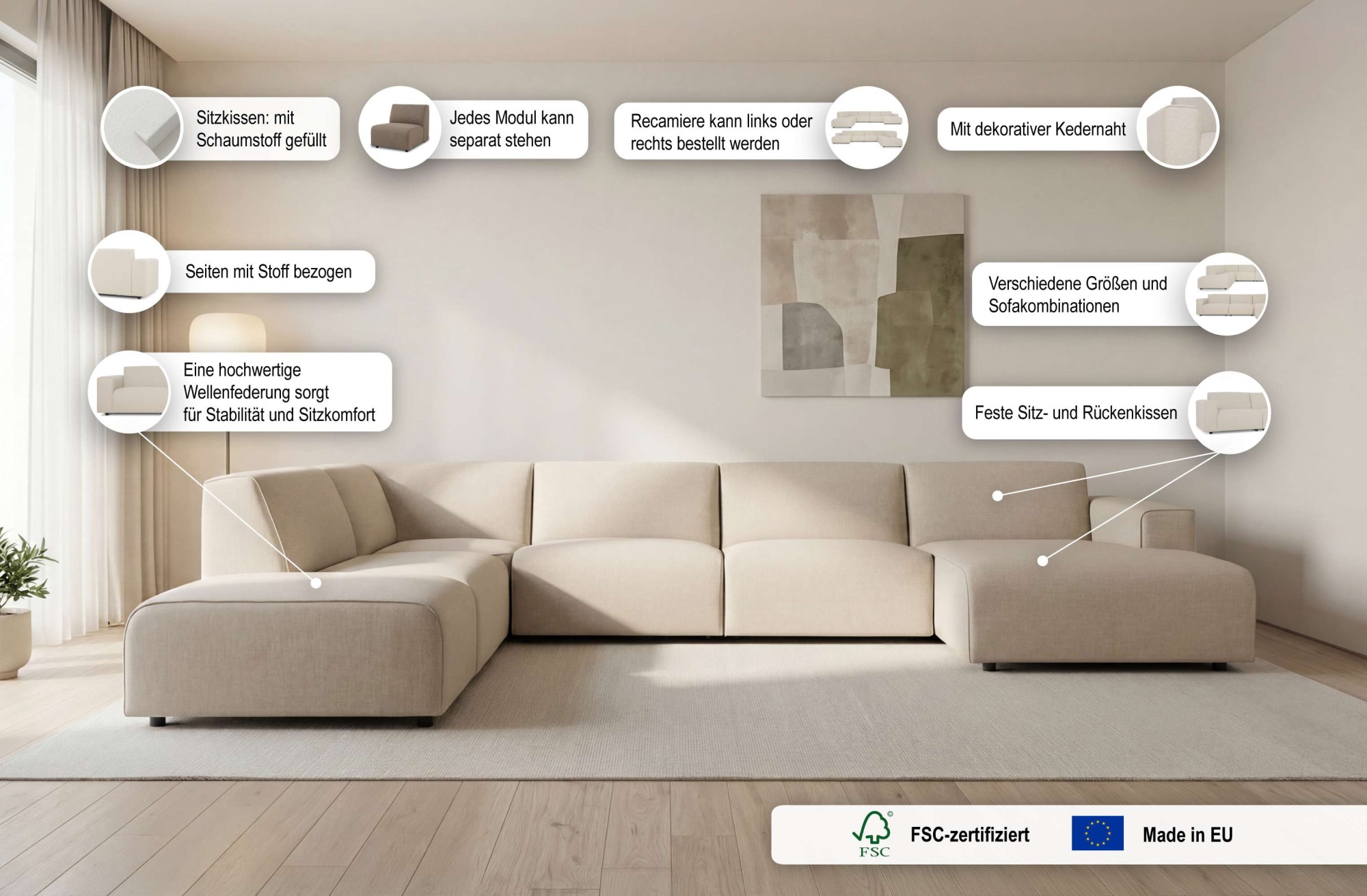 OTTO home Wohnlandschaft »Naddine« B. 389 cm, U-Form, Strukturstoff Mélange-Effekt, Wellenunterfederung