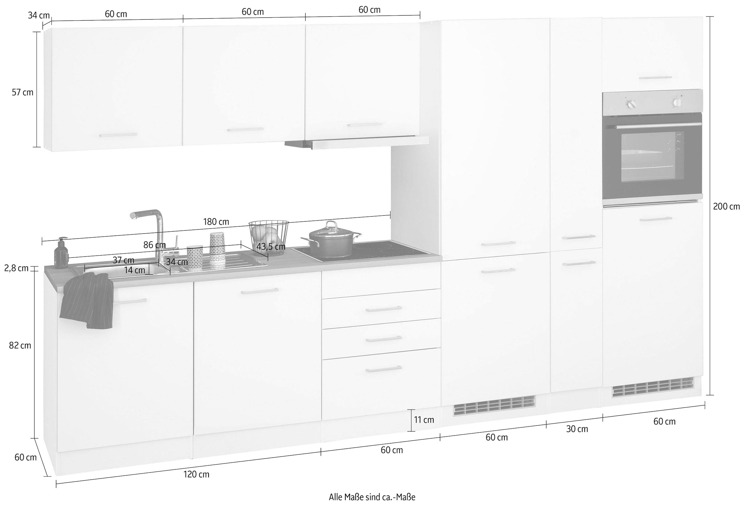 KOCHSTATION Küchenzeile »KS-Visby«, mit E-Geräten, Breite 330 cm inkl. Kühl/Gefrierkombination