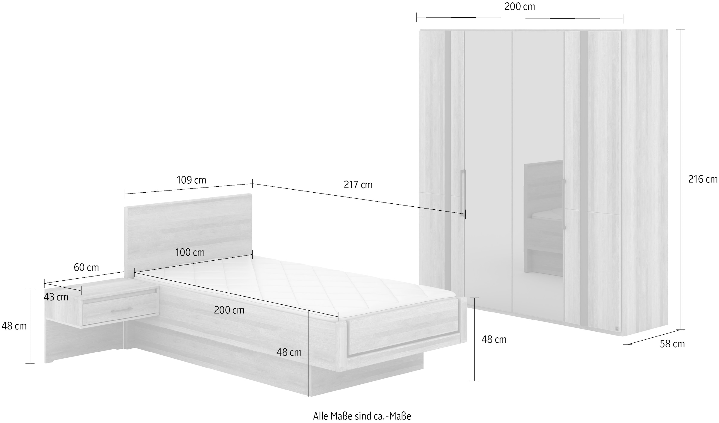 Musterring Schlafzimmer-Set »Sorrent, Kleiderschrank, Bett & Nachtkommoden, teilmassiv Eiche«, (2er-Set Nachtschränke, Drehtürenschrank 200 cm, Bett 100x200 cm), Schrank mit Türen und Schubkästen, Bett schwebende Optik, teilmassiv