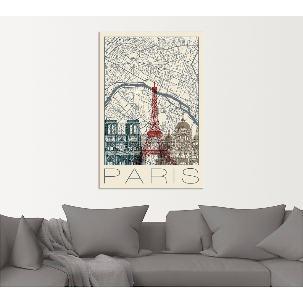 Artland Wandbild »Retro Karte Paris Frankreich und Skyline«, Frankreich, (1 St.)