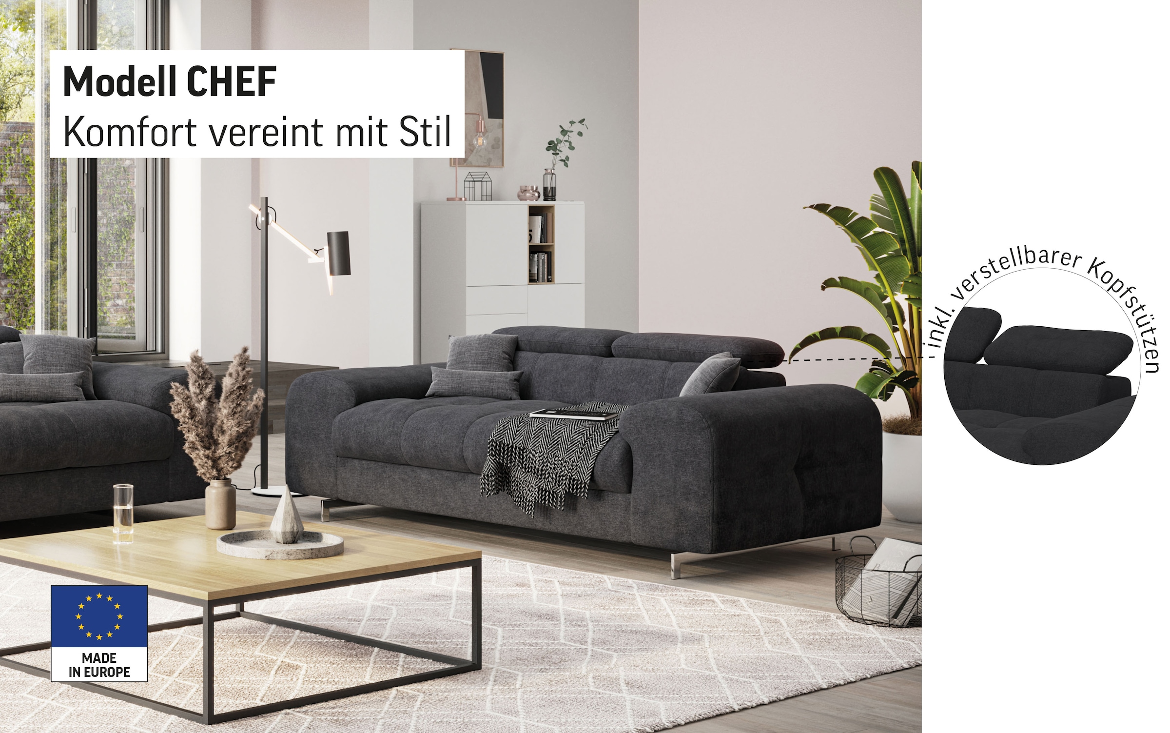 COTTA 2-Sitzer »Chef«, Big-Sofa mit Kopfteilverstellung, edle Metallkufen