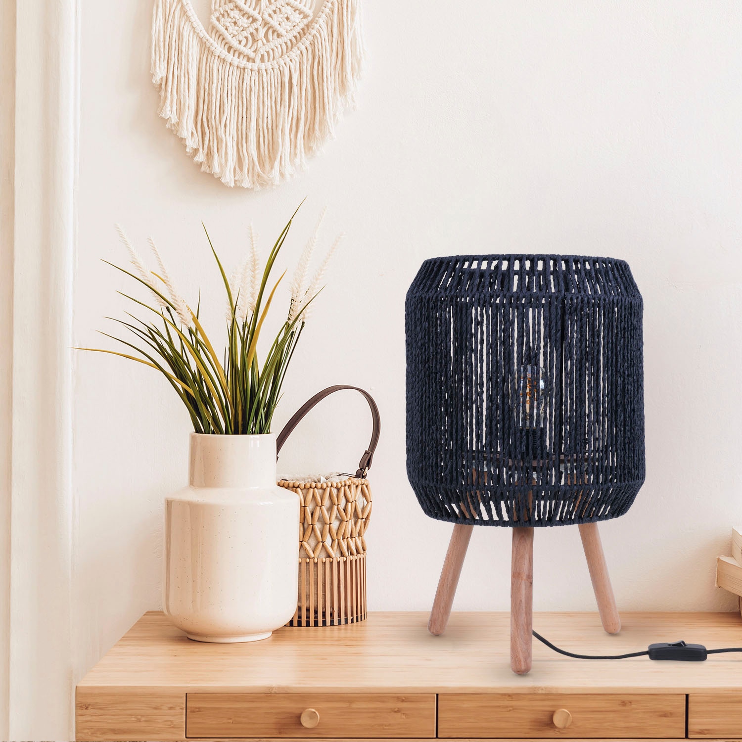 Paco Home Tischleuchte »SOL«, Leuchtmittel E27 | ohne Leuchtmittel, Boho Deko Lampenschirm Korb Holz E27