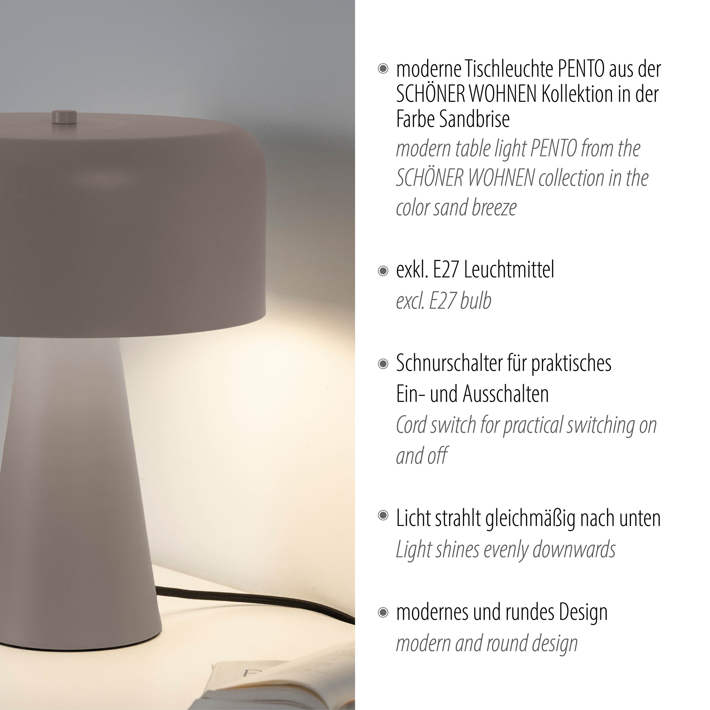SCHÖNER WOHNEN-Kollektion LED Tischleuchte »PENTO« E27 1 Stk. SCHÖNER WOHNEN Kollektion, Schnurschalter, Downlight