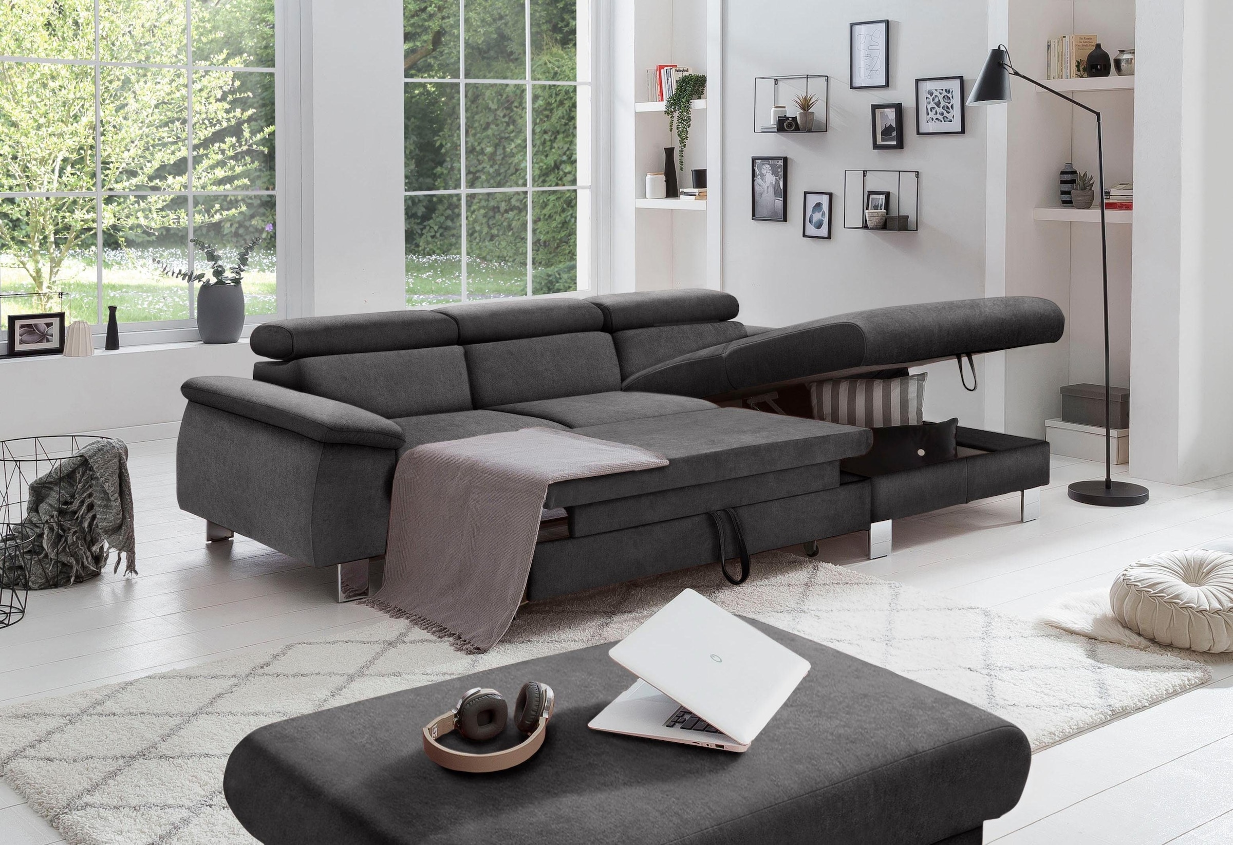 COTTA Ecksofa Komaris, Ecksofa, wahlweise mit RGB-LED-Beleuchtung und Bettfunktion/Bettkasten