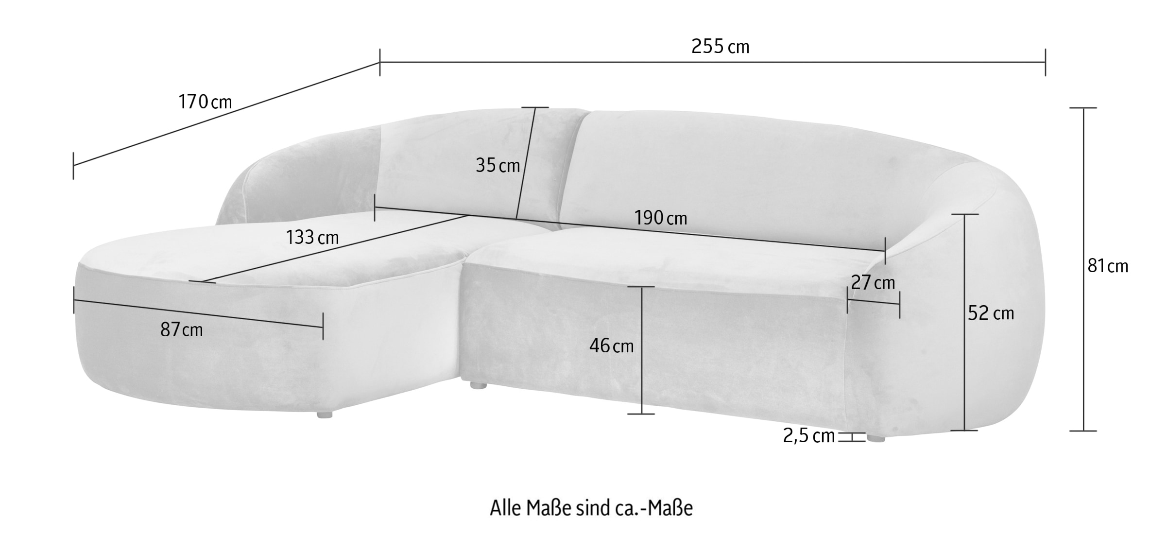 LeGer Home by Lena Gercke Ecksofa »YANI, L-Form, Designersofa, organische Form, Maße B/T/H: 255/170/81 cm«, mit Wellenunterfederung, auch in Bouclé, Recamiere rechts/links