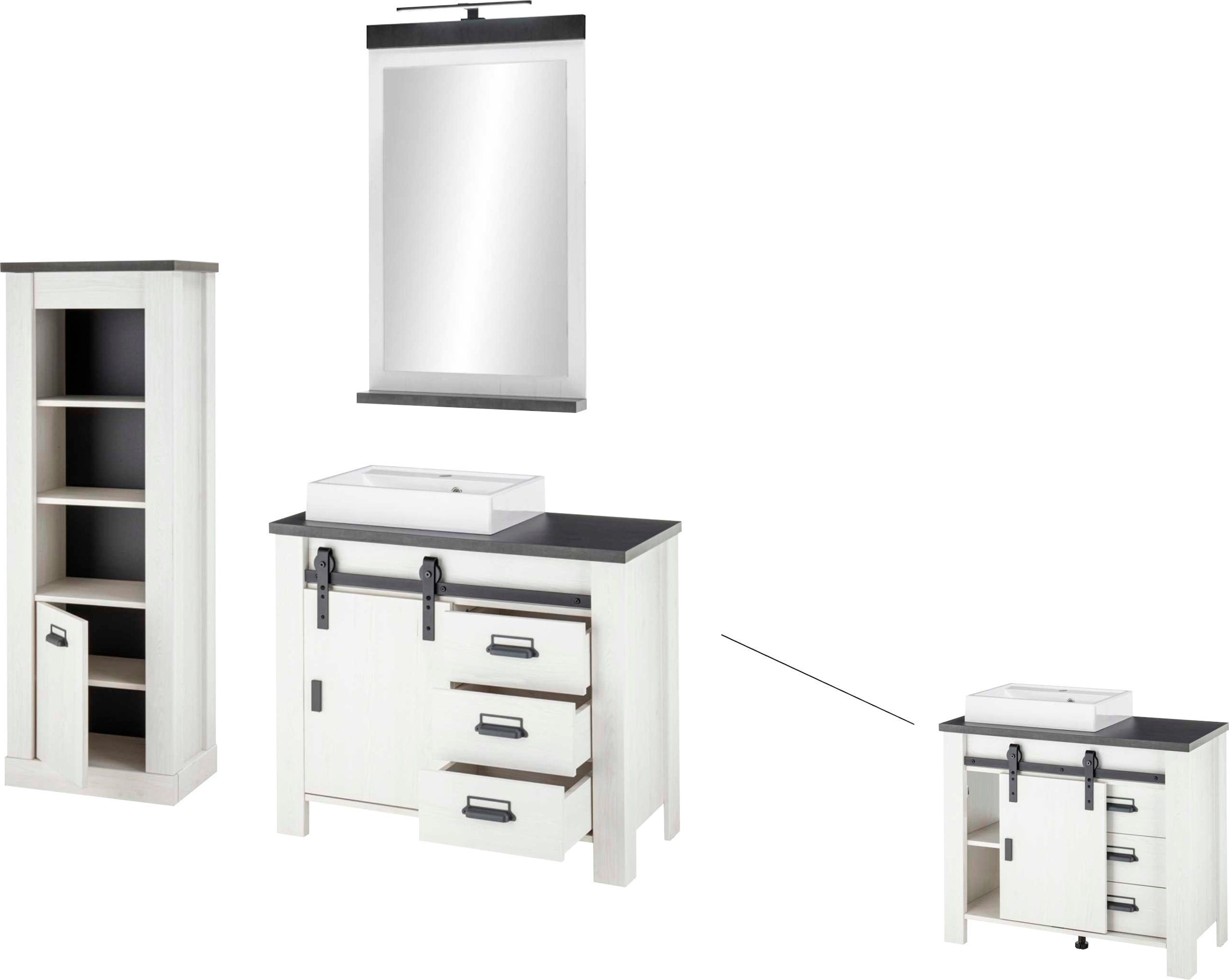 Home affaire Badmöbel-Set »SHERWOOD, Bad im modernen Design, 3-teiliges Badezimmer«, (3 St.), in 2 Farben verfügbar, Scheunentorbeschlag & Apothekergriff aus Metall