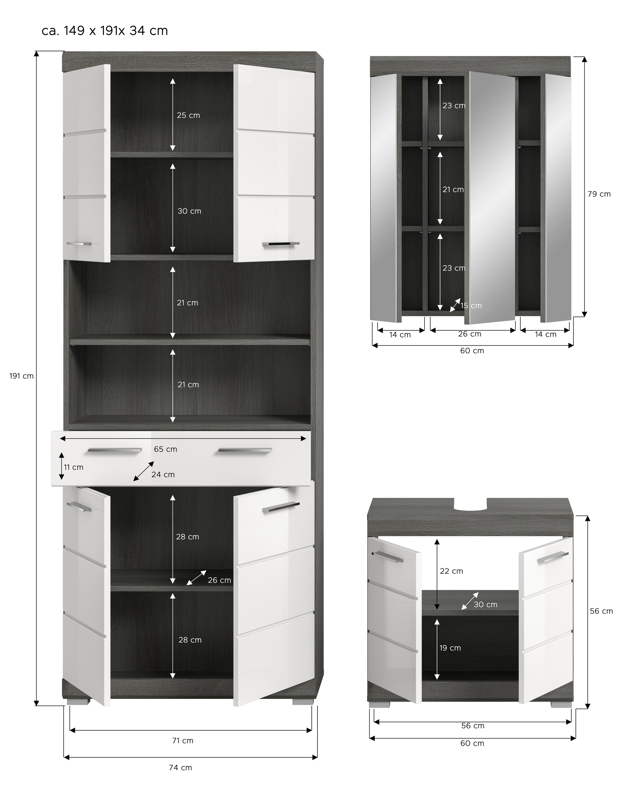 INOSIGN Badmöbel-Set »SIENA, TOPSELLER!, Breite 149cm, 3-teiliges Set« Set, bestehend aus: Hochschrank, Waschbeckenunterschrank & Spiegelschrank, 3 Stk. tlg.