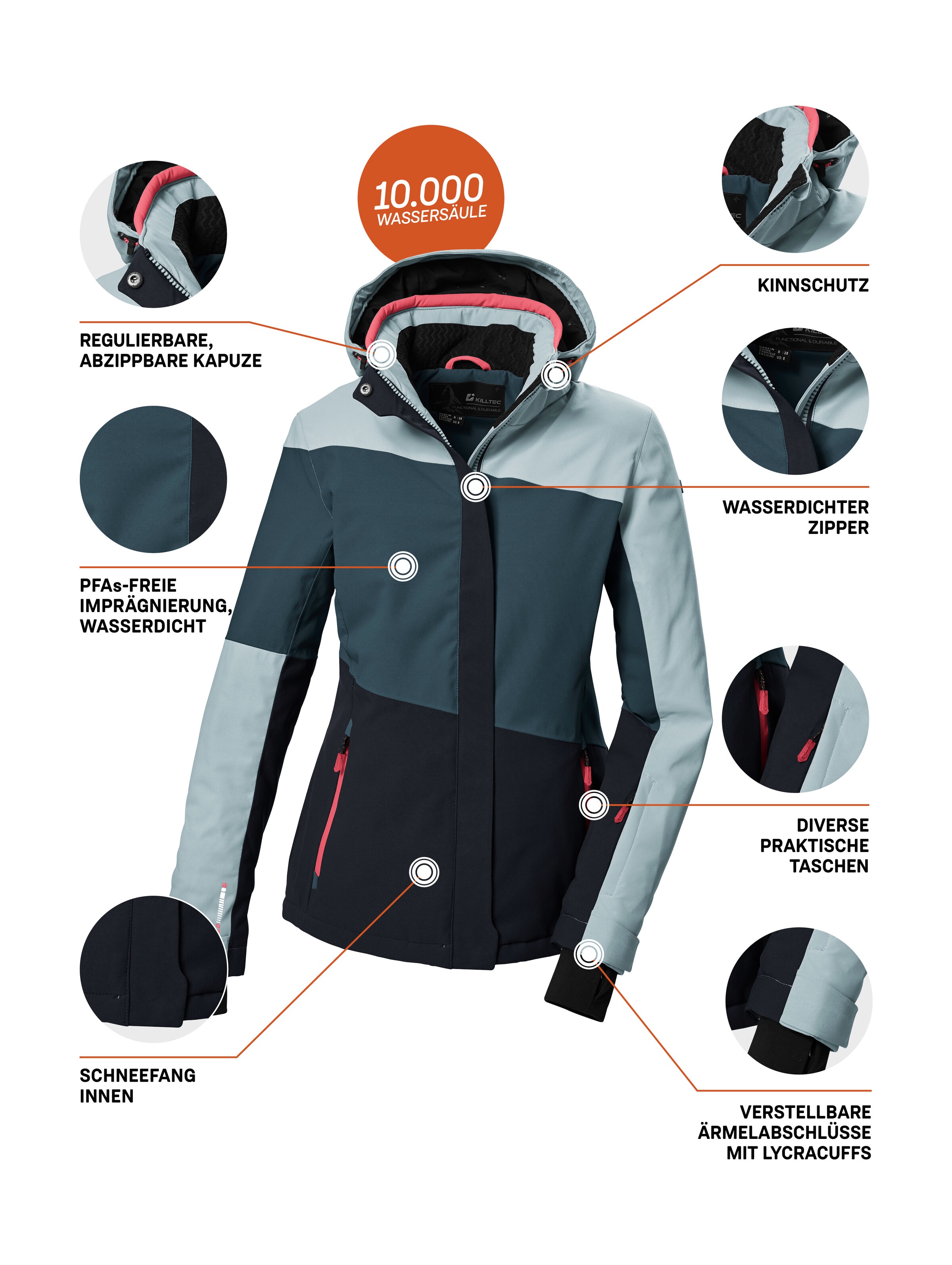 Killtec Skijacke »KSW 67 WMN SKI JCKT«, Damen Skijacke: wasserdicht, atmungsaktiv, abnehmbare Kapuze