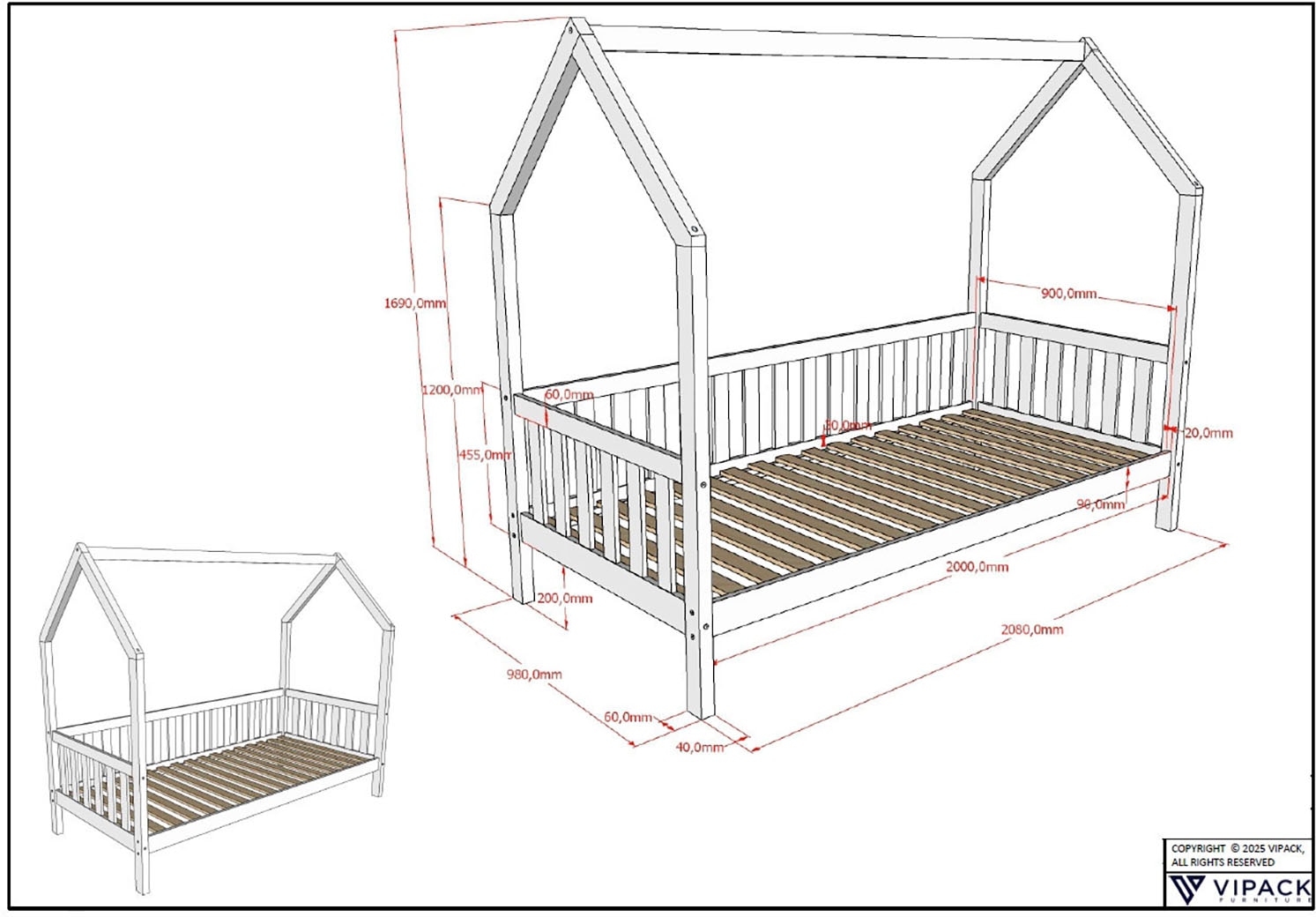 Vipack Hausbett »Cabane, mit Dachaufbau, Bettschublade auf Rollen u. Sprossenumrandung«, (B/H/T ca. 208x169x98 cm) aus massiver Eiche, Oberfläche Natur), sehr stabil und standfest gebaut inkl. Massivholz Rolllattenrost