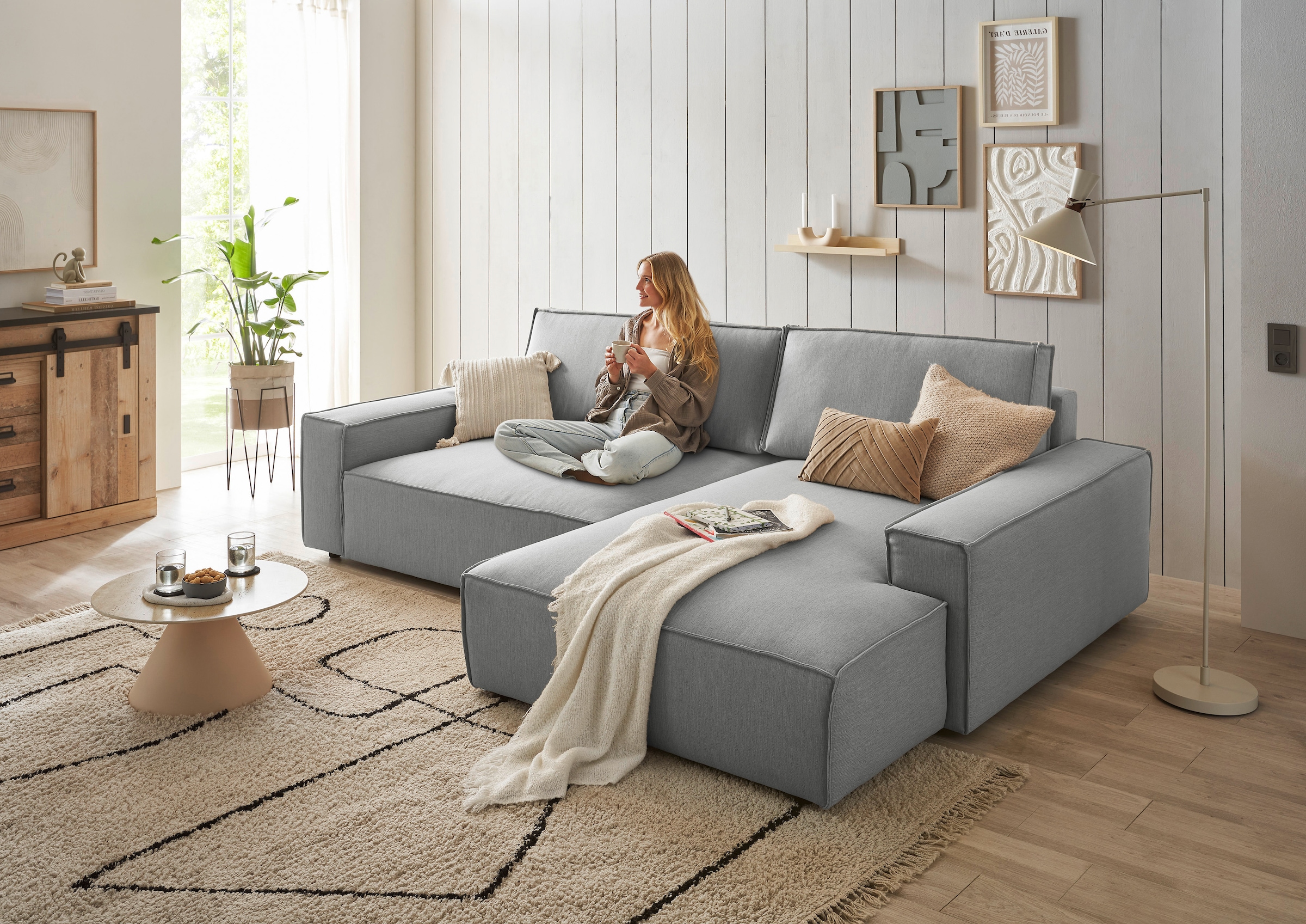 Home affaire Ecksofa »NEU: SHERWOODL XXL 284, Big-Sofa L-Form, tiefe Sitzfläche 95 cm, Cord,«, Leinenoptik, Recamiere rechts/links, auch als Schlafsofa stellbar