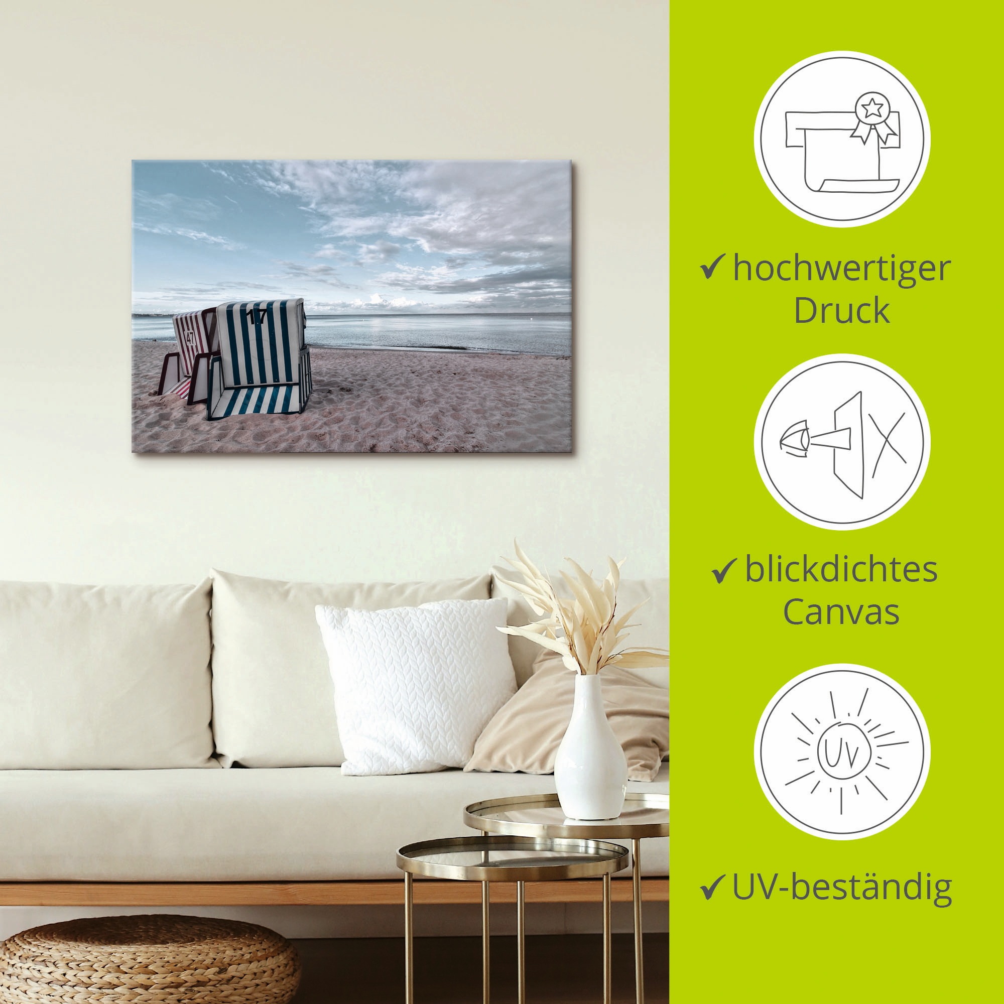 Artland Wandbild »Einsame Strandkörbe am Ostseestrand«, Strand, (1 St.), als Leinwandbild, Poster in verschied. Größen