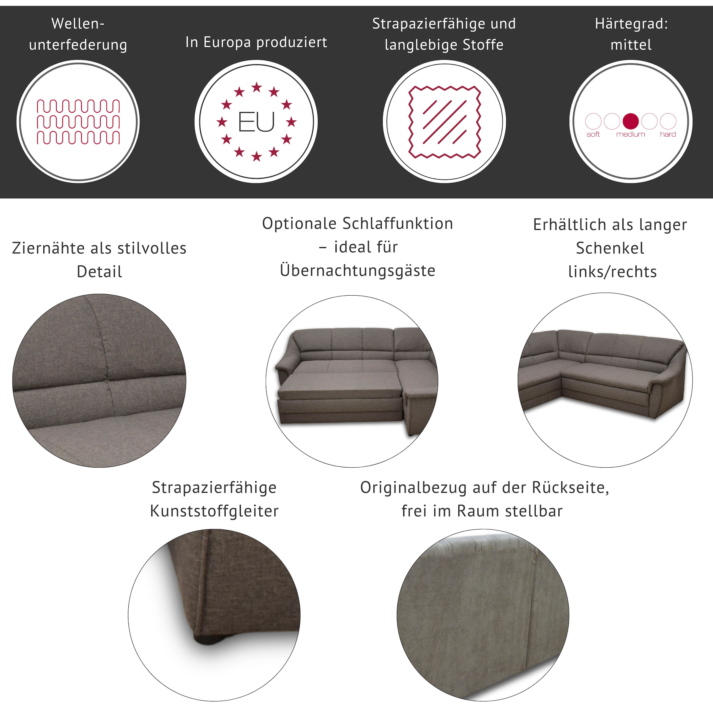 DOMO collection Ecksofa »Lale zeitlose Formensprache, komfortabel, Breite 251cm, L-Form« mit langem Schenkel, wahlweise mit Bettfunktion