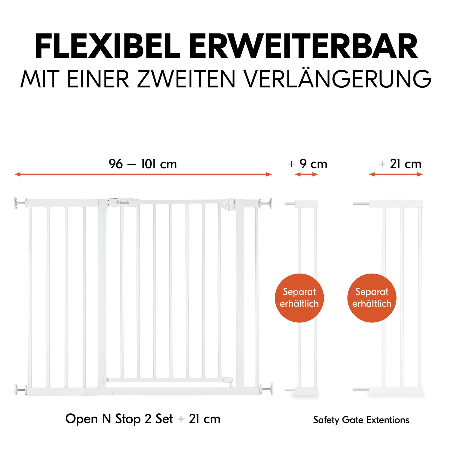 Hauck Türschutzgitter »Open N Stop 2 Set inklusive Verlängerung 21 cm, White«, auch als Treppenschutzgitter verwendbar; 96-101 cm