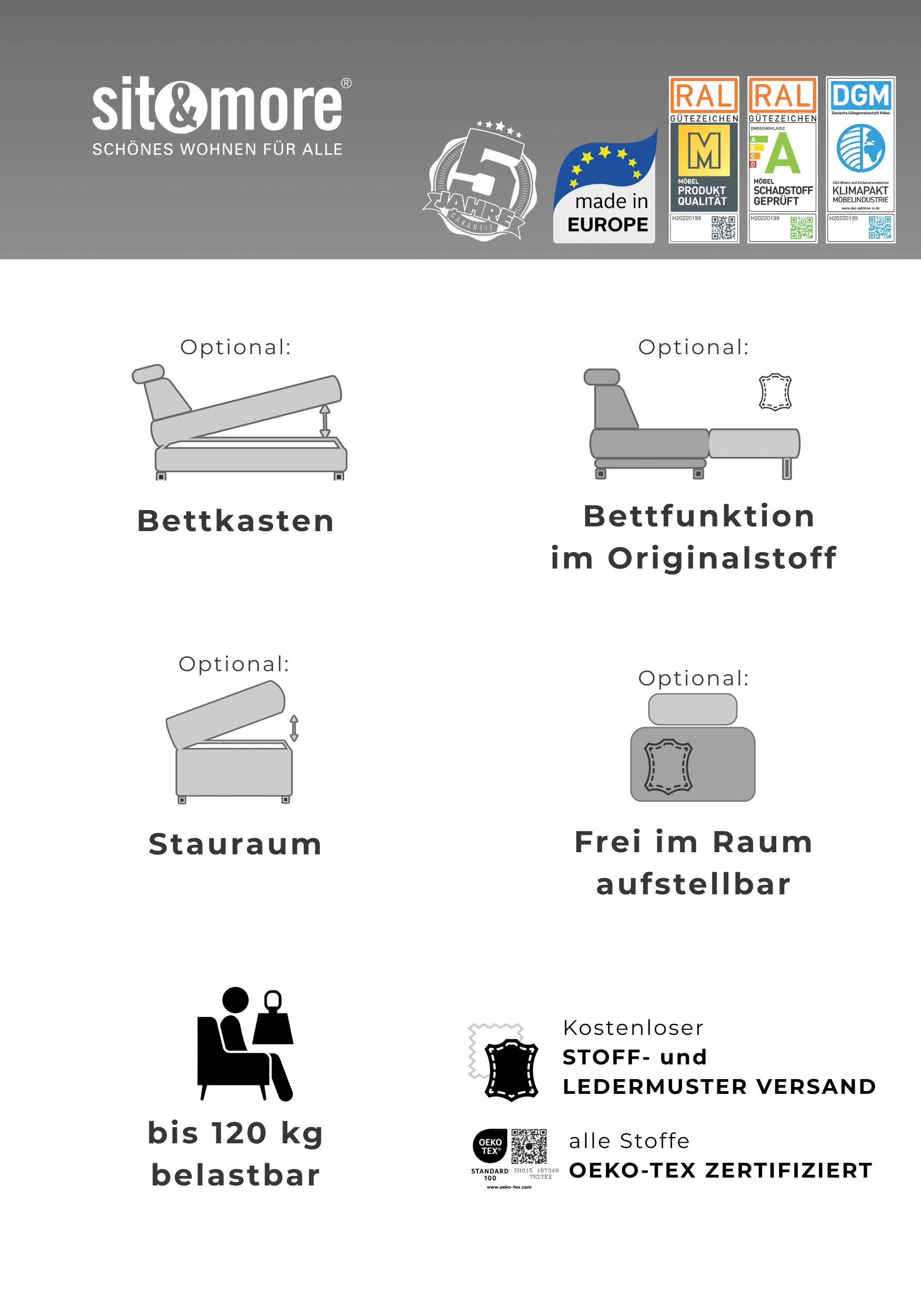 sit&more Ecksofa »Vanity L-Form, Leder, B: 264 cm, mit Sitz-, Kopf u. Armteilverstellung« Couch optional mit Schlaffunktion & Bettkasten, in Leder