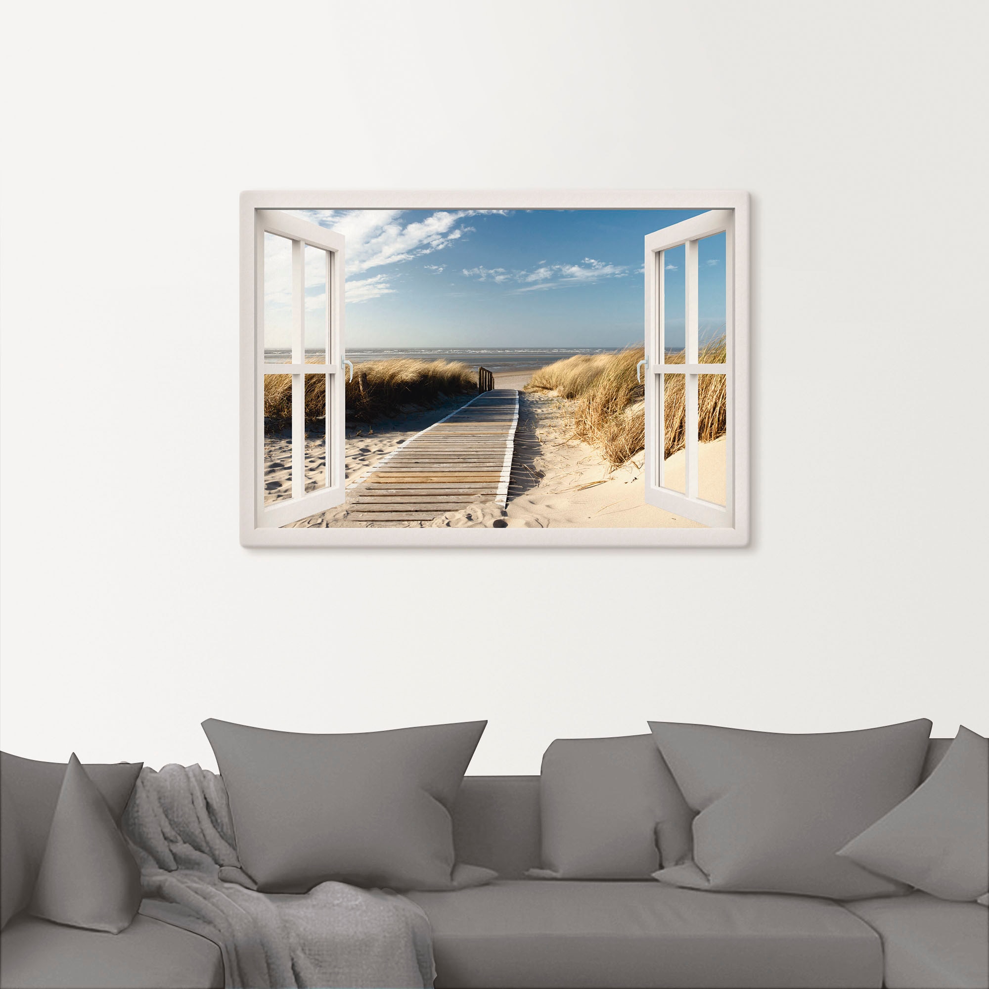 Artland Wandbild »Fensterblick Nordseestrand auf Langeoog«, Fensterblick, (1 St.), als Leinwandbild, Poster, Wandaufkleber in verschied. Größen