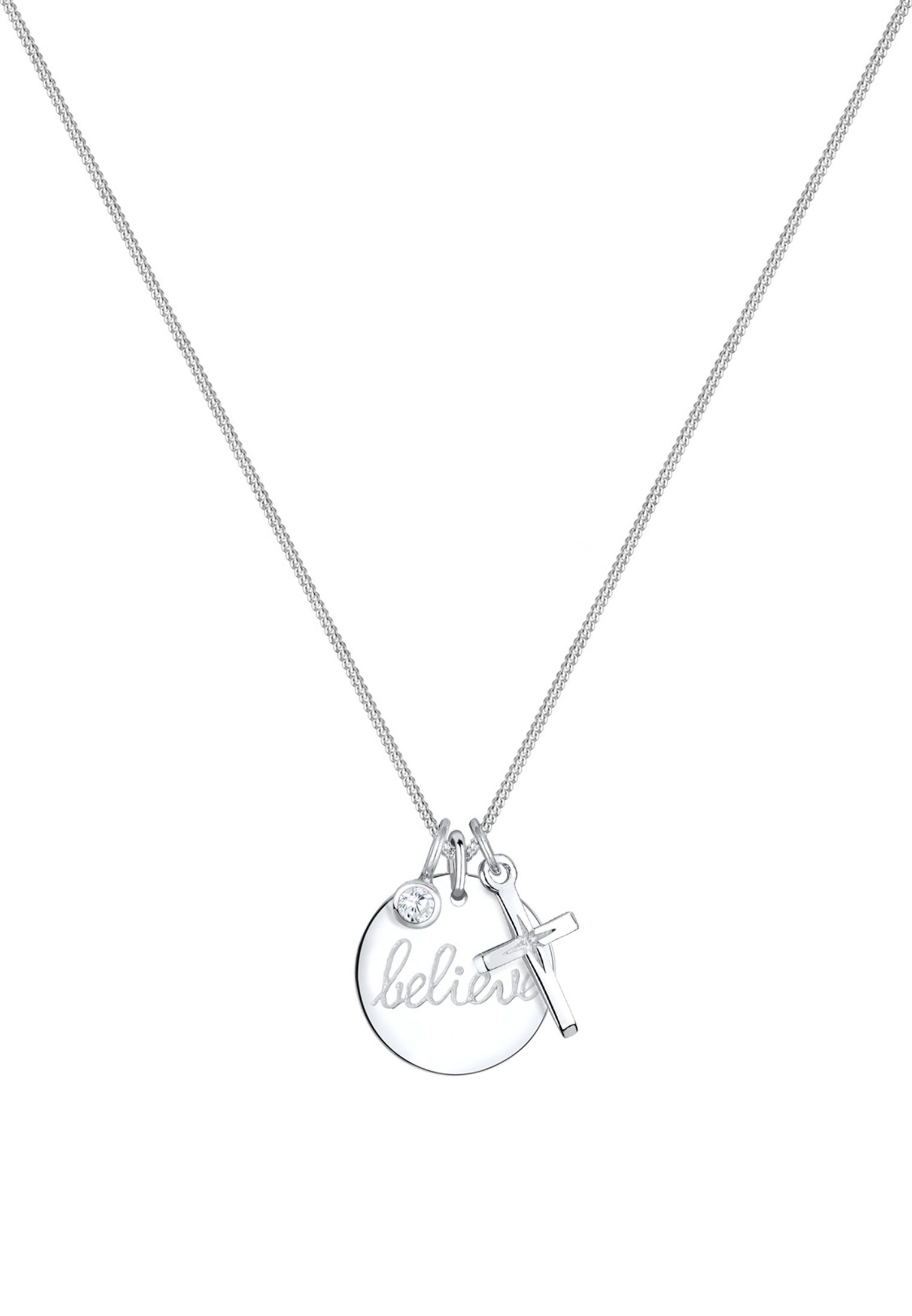 Elli Silberkette »Halskette Plättchen Believe Wording Kreuz Zirkonia 925 Sterling Silber«