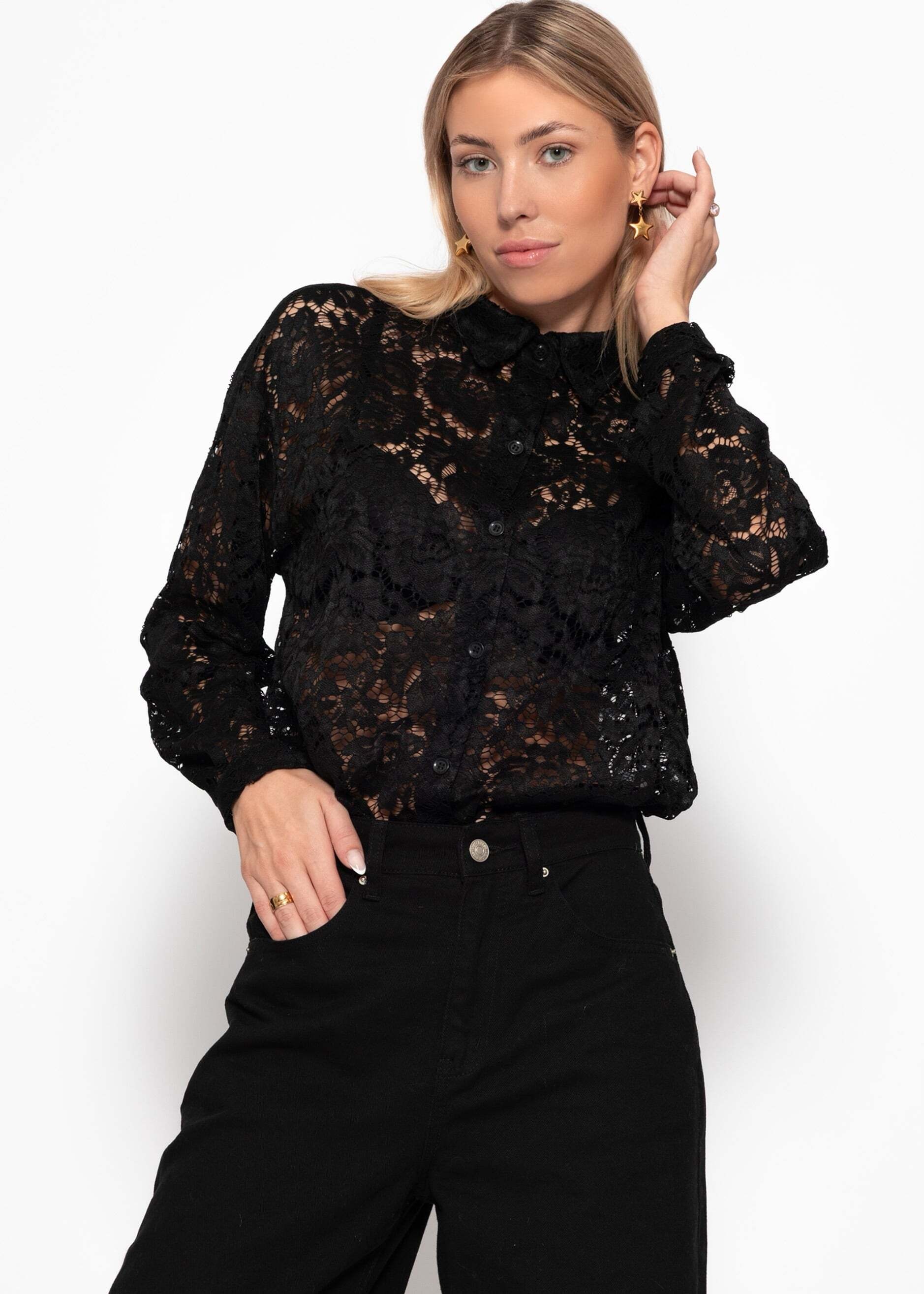 SASSYCLASSY Spitzenbluse »Bluse aus transparenter Spitze« Elegante Buse mit Hemdblusenkragen im lockeren Schnitt Braun Schwarz