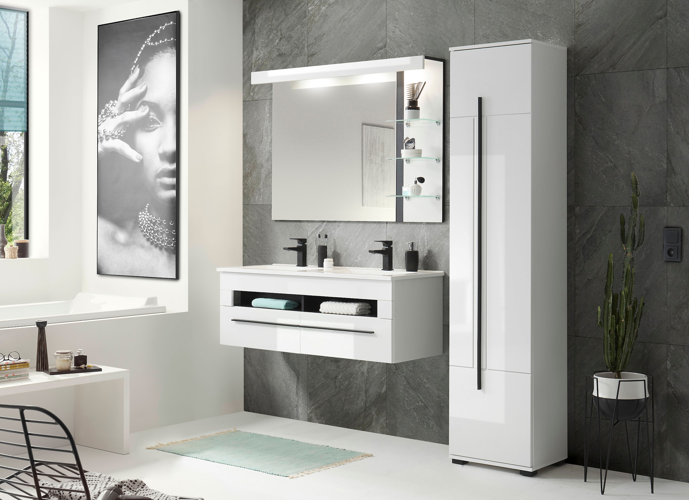 INOSIGN Hochschrank »Cantara, Badschrank in Hochglanz Weiß, Hochschrank im modernen Design«, mit schwarzen Griffen, ausreichend Stauraum