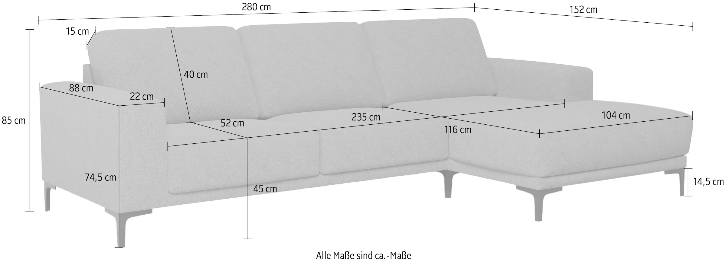 Places of Style Ecksofa »Xander, L-Form,«, Breite 280 cm, Soft-Touch Chenille, schwarze Metallfüßen