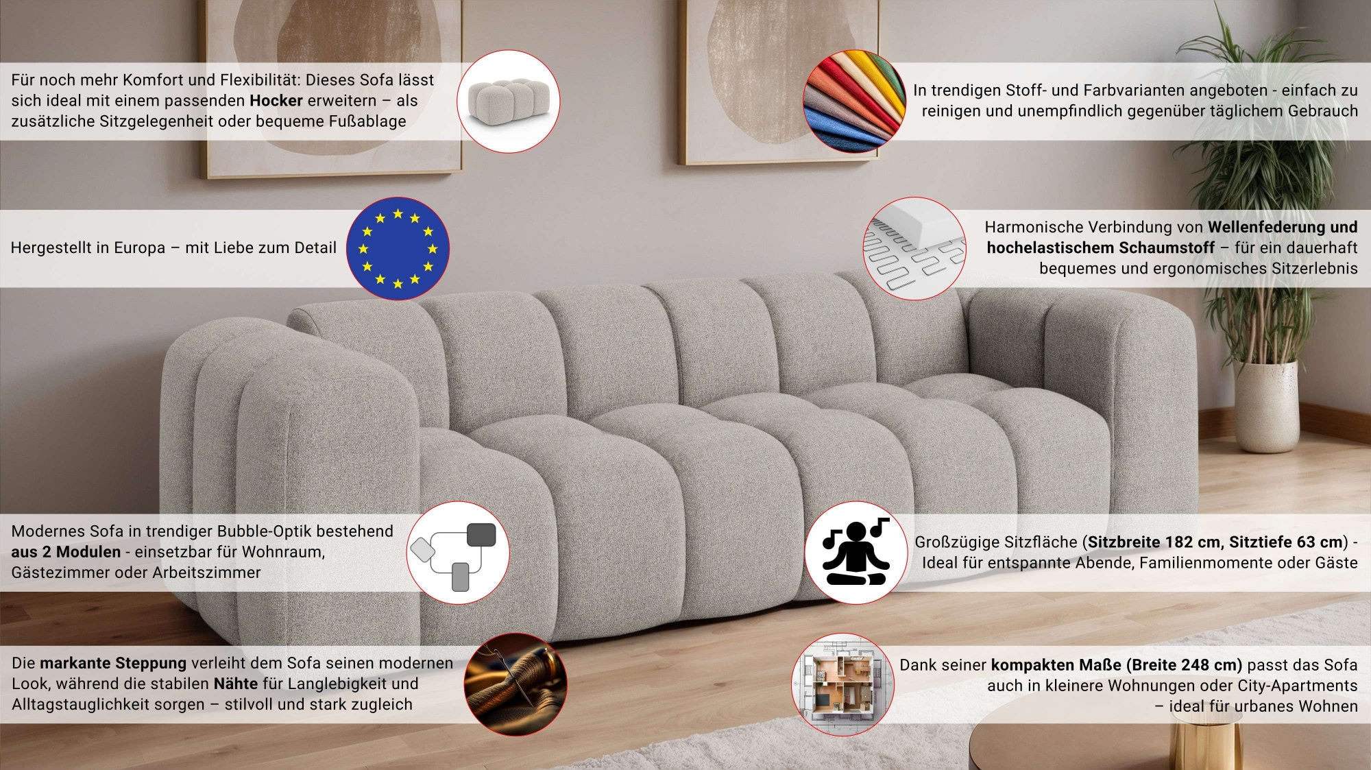 OTTO home Big-Sofa »KALLIE Design-Sofa mit Steppung, Bubble-Optik, Breite 248 cm« moderne Steppung, hoher Sitzkomfort und modernes Design