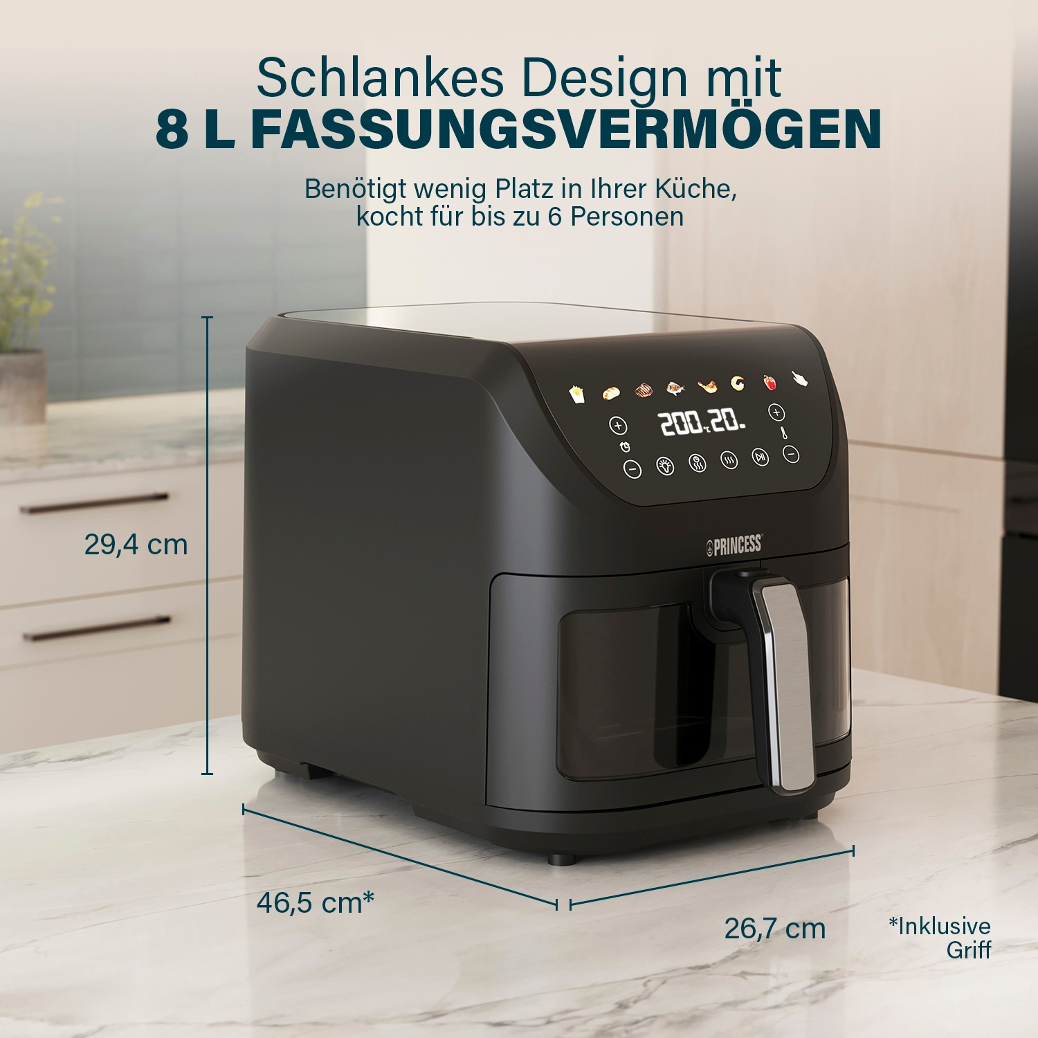 PRINCESS Heißluftfritteuse »182258 SlimFry Airfryer«, 2000 W, 8 L, platzsparendes Design, fettfreie Kochtechn., 8 Progr., 55dB leise