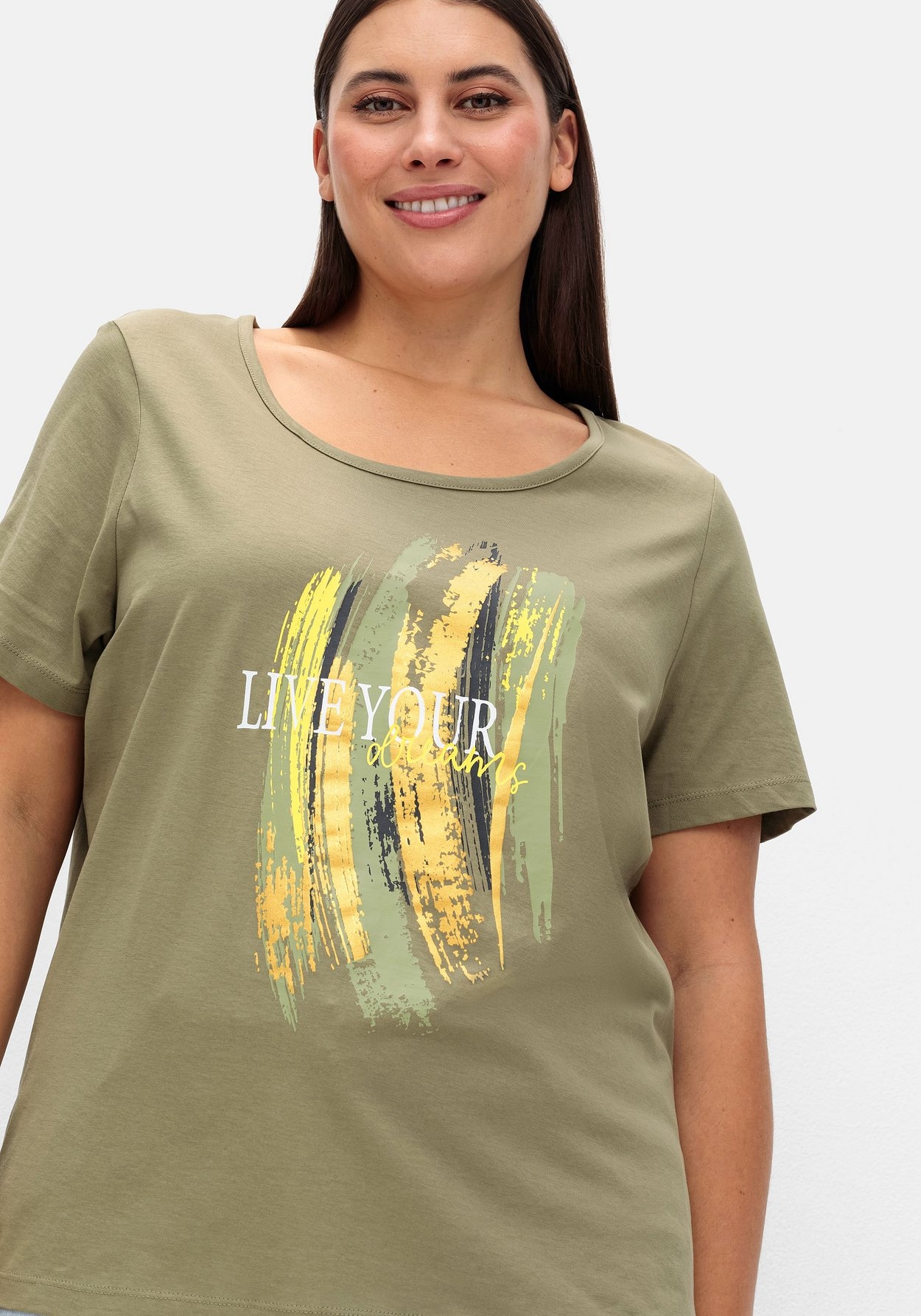 Sheego T-Shirt »Kurzarmshirt mit Frontdruck und Glitzereffekt«