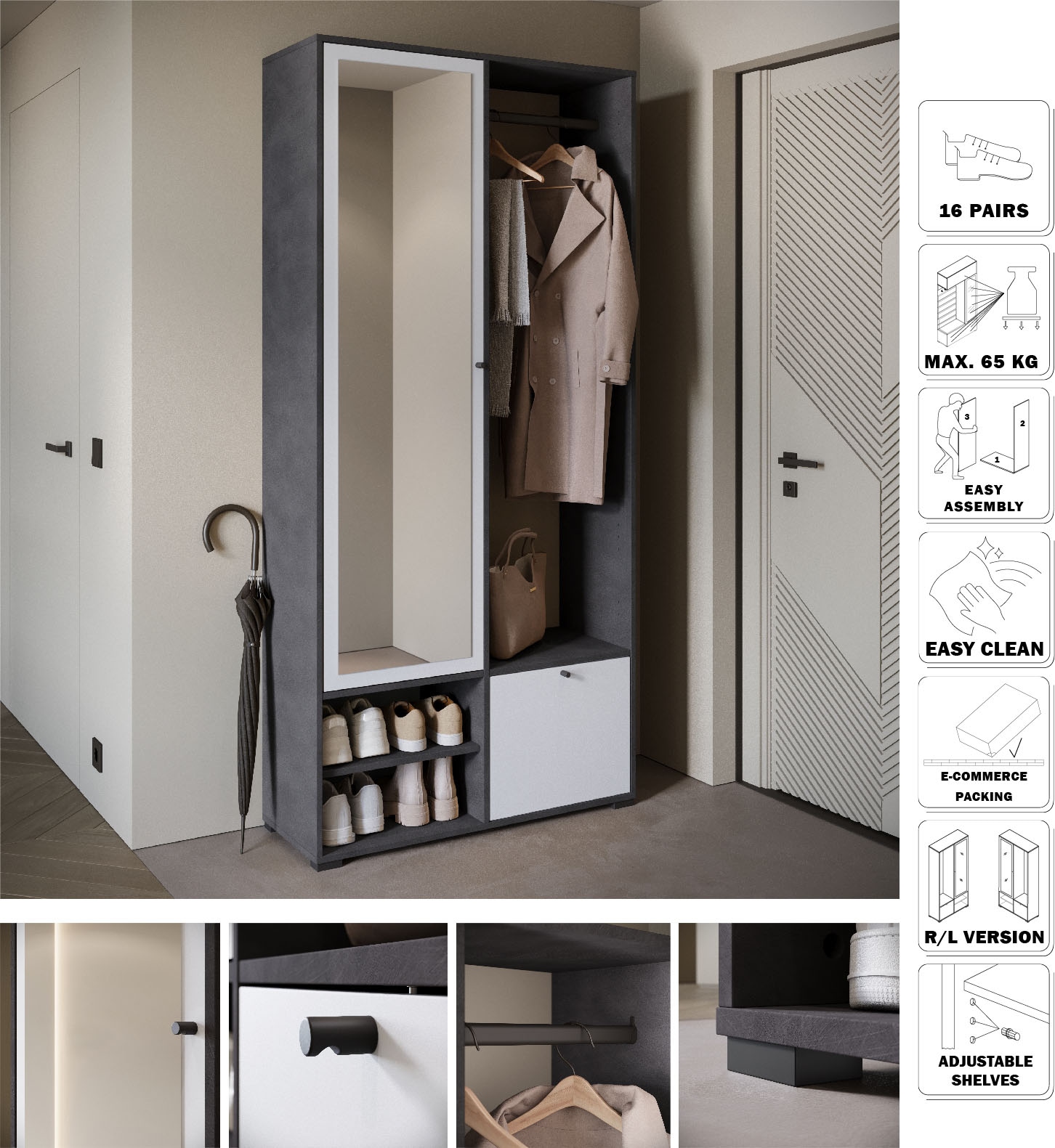 INOSIGN Garderobenschrank »DINO Kompaktgarderobe, Garderoben-Set DINO«, Mit Spiegel und Kleiderstange, 90 cm breit, Türanschlag wechselbar