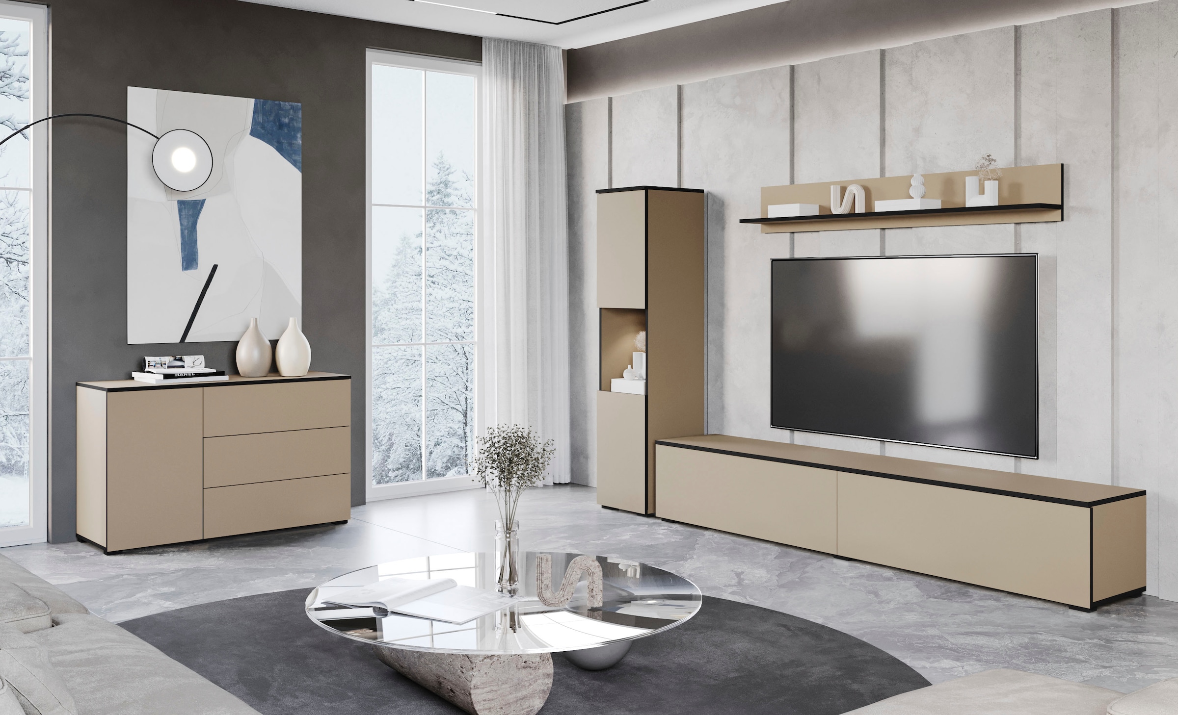 INOSIGN Wohnwand »PARIS«, (Komplett-Set, 3 St.), TV-Wand 220cm breite, grifflose Design, stehend und hängend montierbar