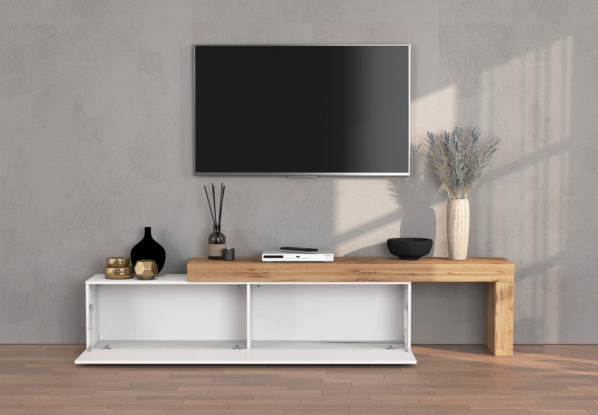 OTTO home Lowboard »Chronos TV-Board, TV-Schrank« Breite verstellbar von 190 bis 350 cm, 1 Stk. tlg. Breite 270 cm TV-Board,Lowboard,1 Klappe und ein L-Förmiger Aufsatz
