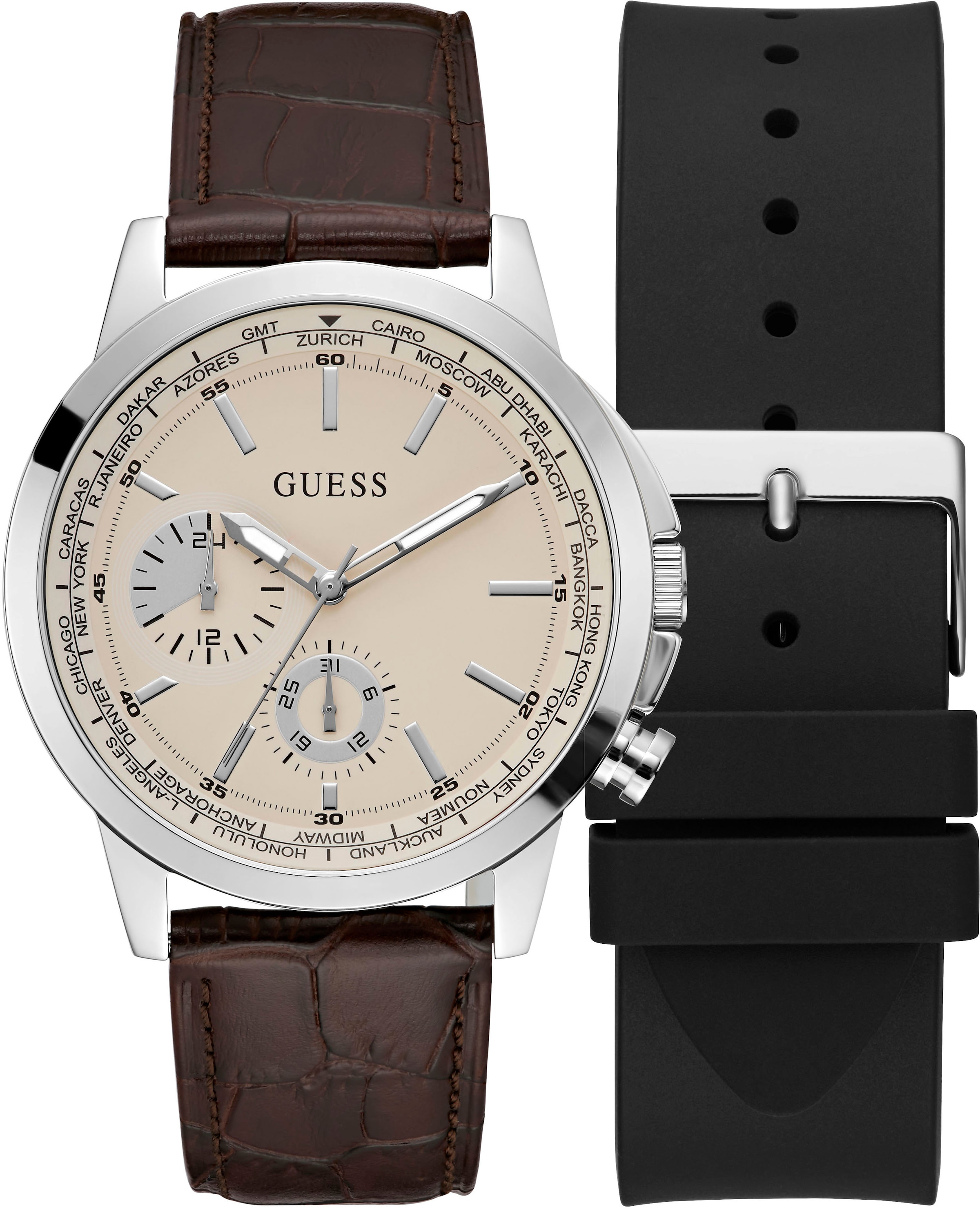 Guess Multifunktionsuhr »SPEC, GW0664G1«, (Set, 2 tlg., mit schwarzem Silikonwechselband), Armbanduhr, Quarzuhr, Herrenuhr