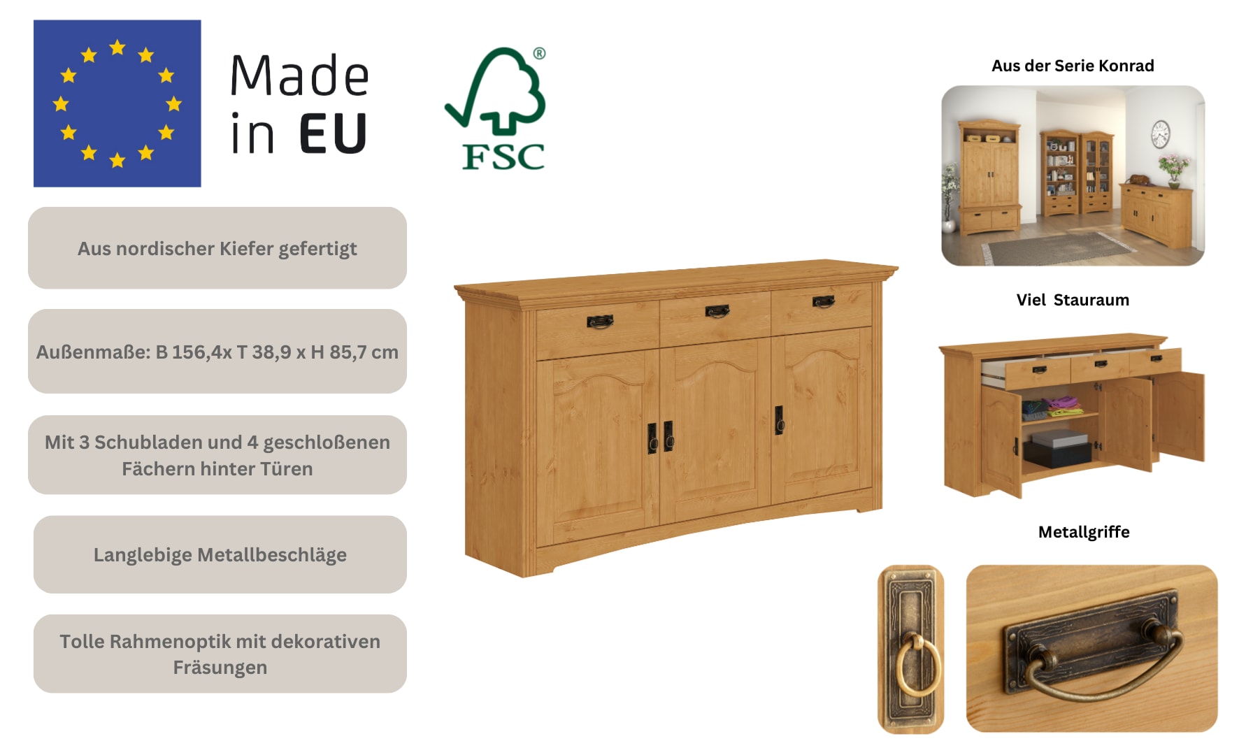 Home affaire Kommode »Konrad« aus massiver Kiefer, Breite 156 cm, mit Schubladen, FSC®