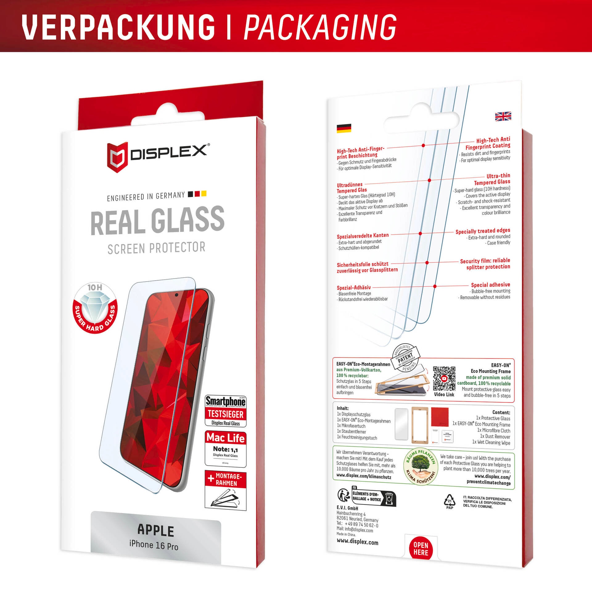 Displex Displayschutzglas »Real Glass Screen Protection«, für Apple iPhone 16 Pro, Displayschutzfolie, Schutzfolie, Bildschirmschutz, kratz- & stoßfest