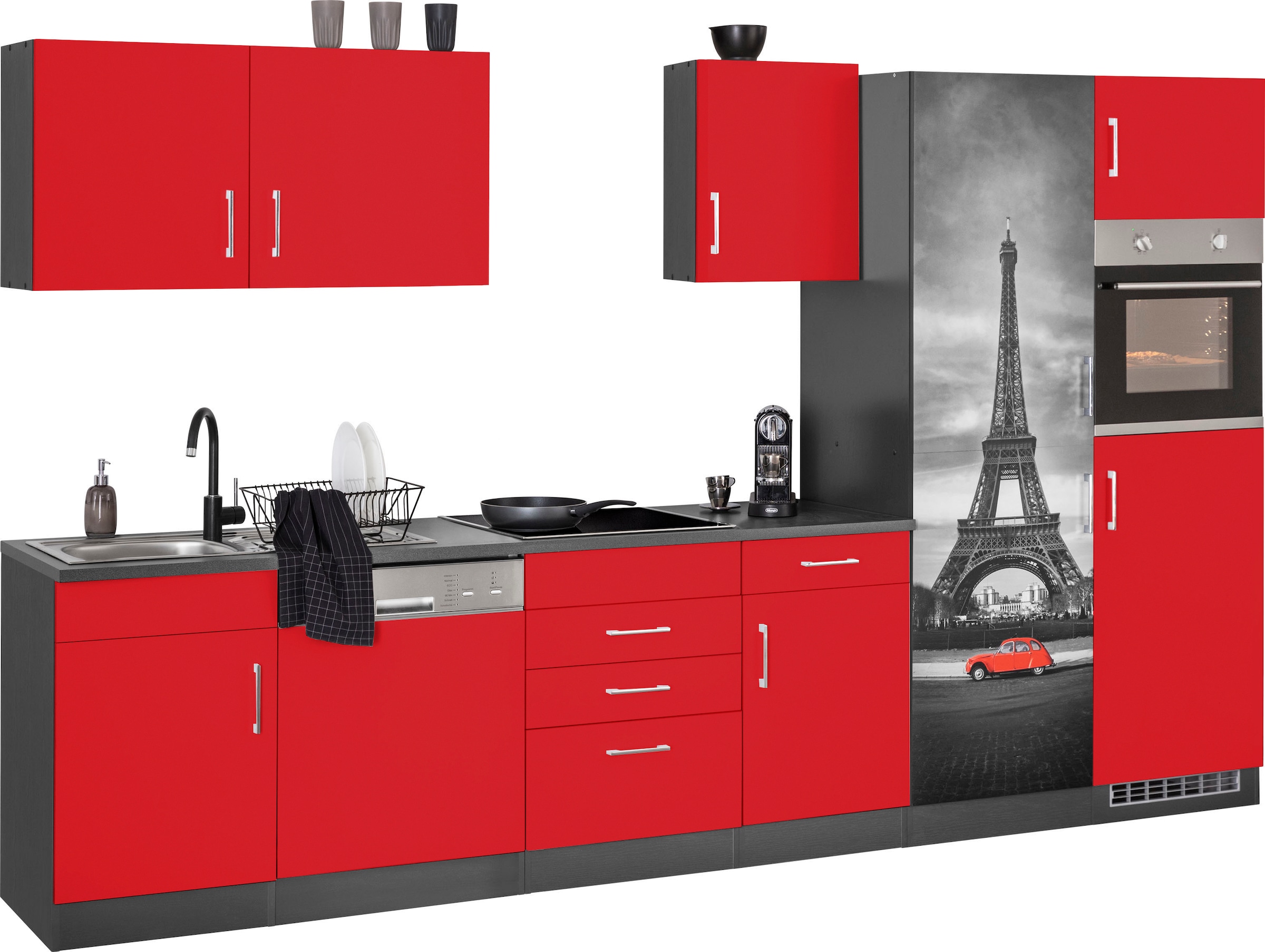 KOCHSTATION Küchenzeile »KS-Paris – Küchen mit einzigartigen Fotomotiven auf den Fronten« Breite 340 cm, wahlweise mit E-Geräten und Induktion
