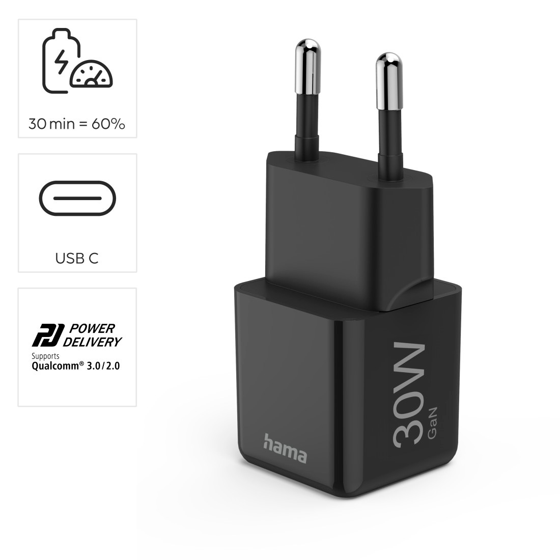 Hama Schnelllade-Gerät »Schnellladegerät (USB-C, PD/QC, extraklein 3,1 x 2,85 x 2,85 cm, 30 W)«, (1 St.)