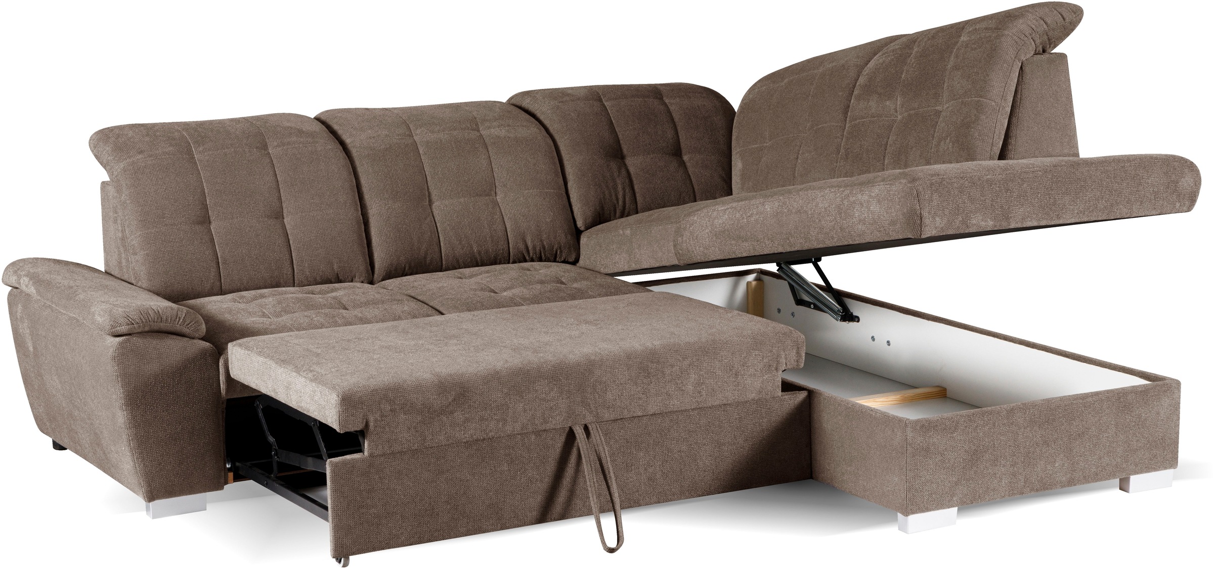 WERK2 Ecksofa »Brindisi, Multifunktion, bequem & komfortabel, Breite 263cm, L-Form«, mit verstellbaren Kopfteilen, Bettfunktion & Bettkasten