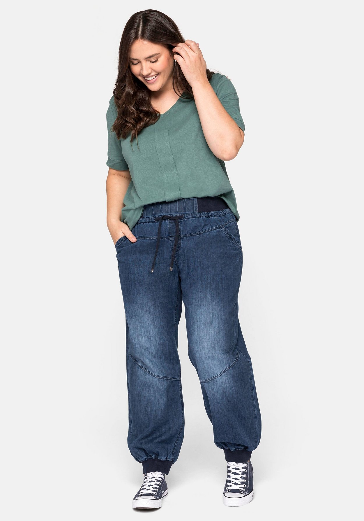Sheego Schlupfjeans »Pumpjeans aus Denim mit Ripp-Bündchen«