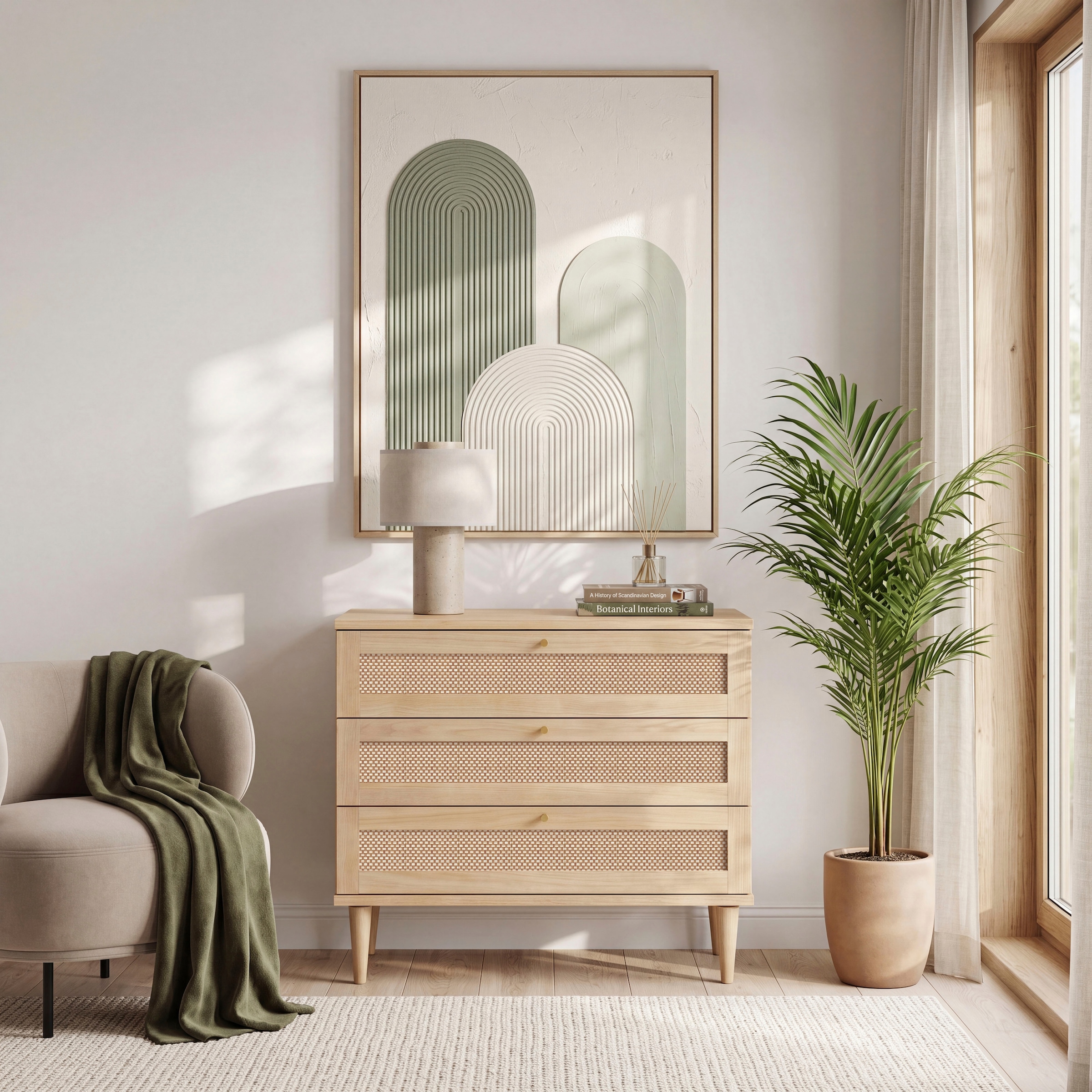 OTTO home Kommode »ELLIAN mit Geflechtoptik warmes Holzdekor, 3 Schubkästen« Holzfüße, Metallgriffe, Made in EU, viel Stauraum