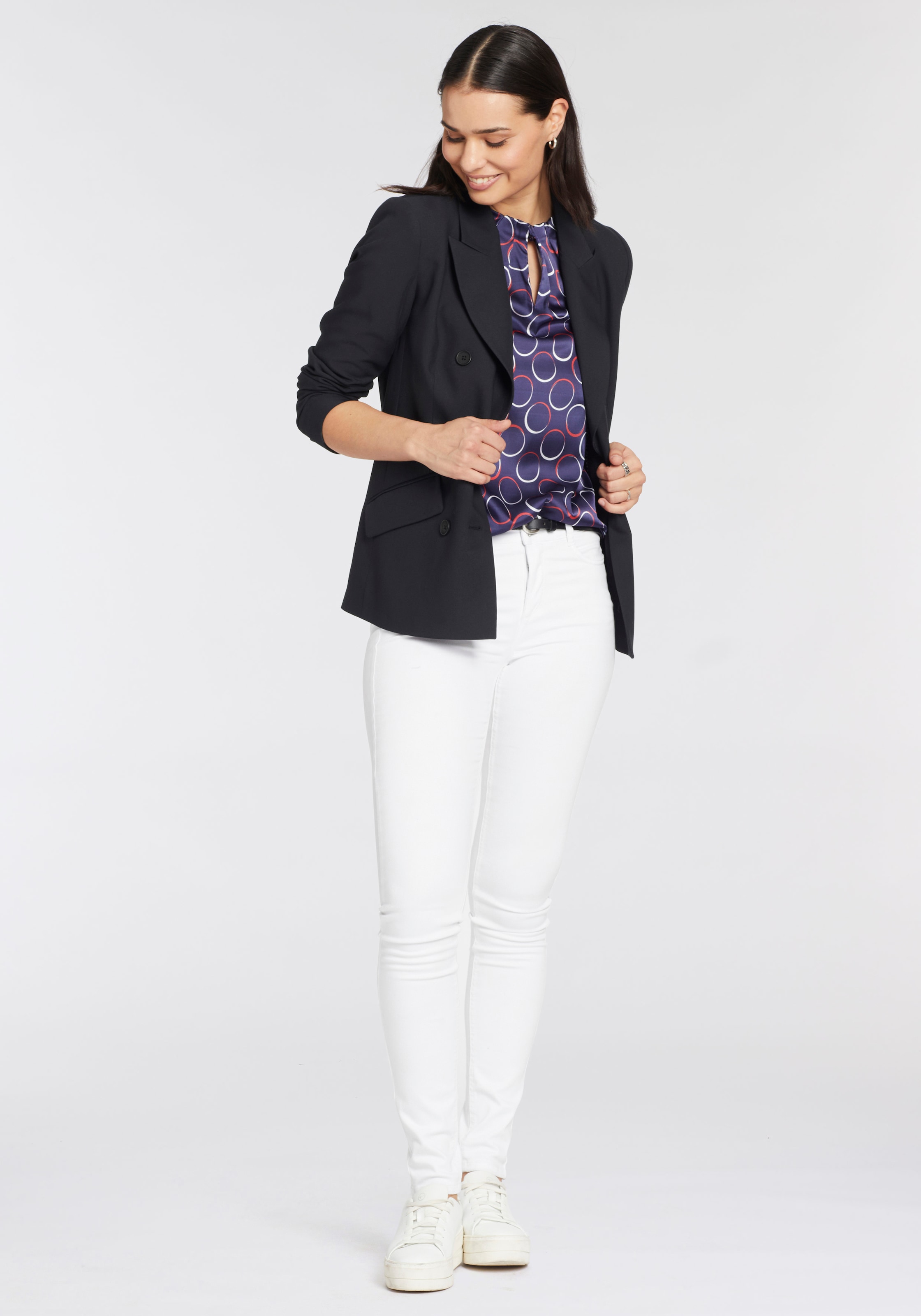 Hechter Paris Damen Kurzarmbluse mit Raffung am Hals in blau, Größe 46