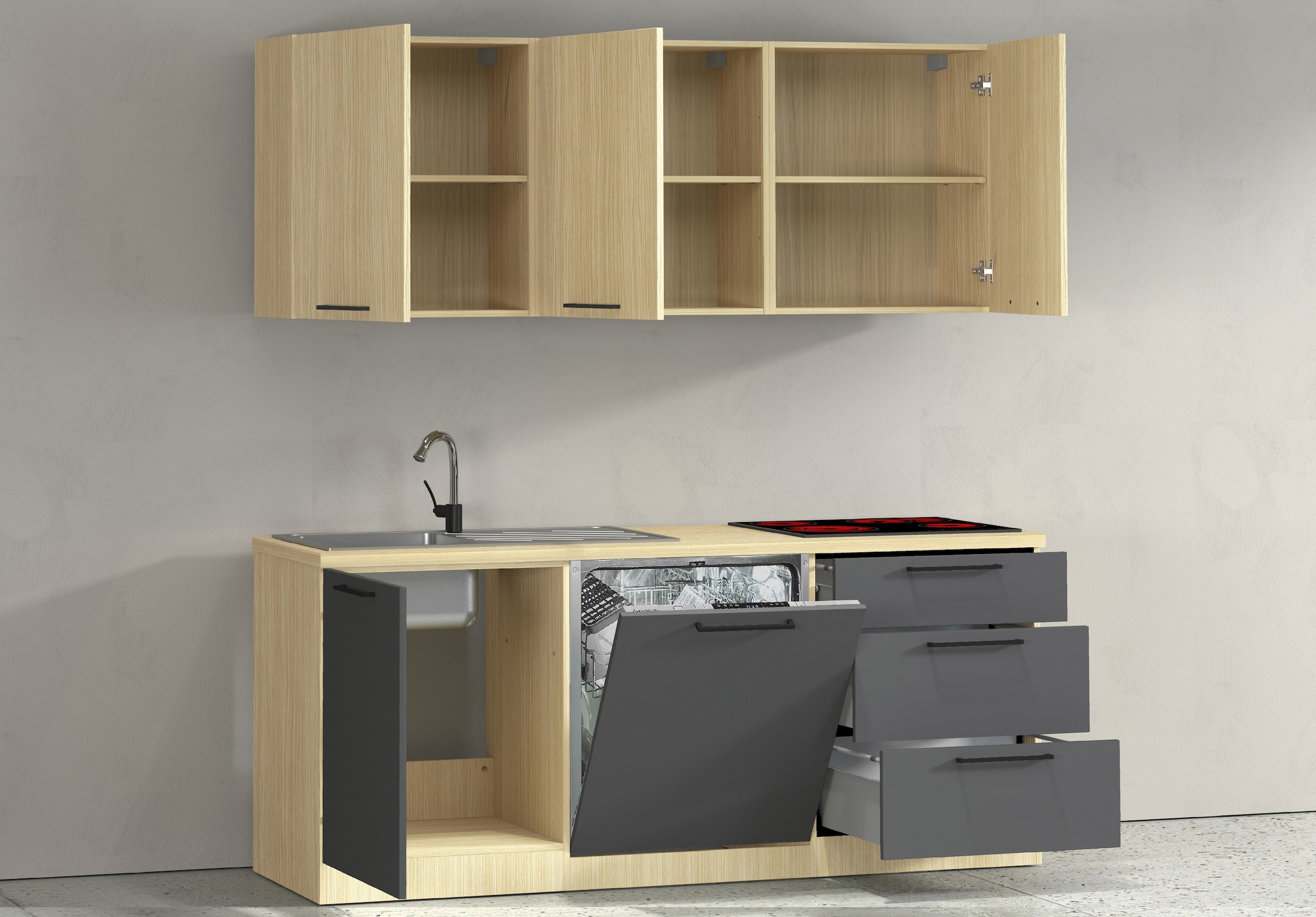 KOCHSTATION Küchenzeile »Luna, Küchenzeile mit Spüle + Siphon, ohne E-Geräte« Breite 182 cm,Türen mit Soft-Close Funktion, Metalgriffe,Made in Italy