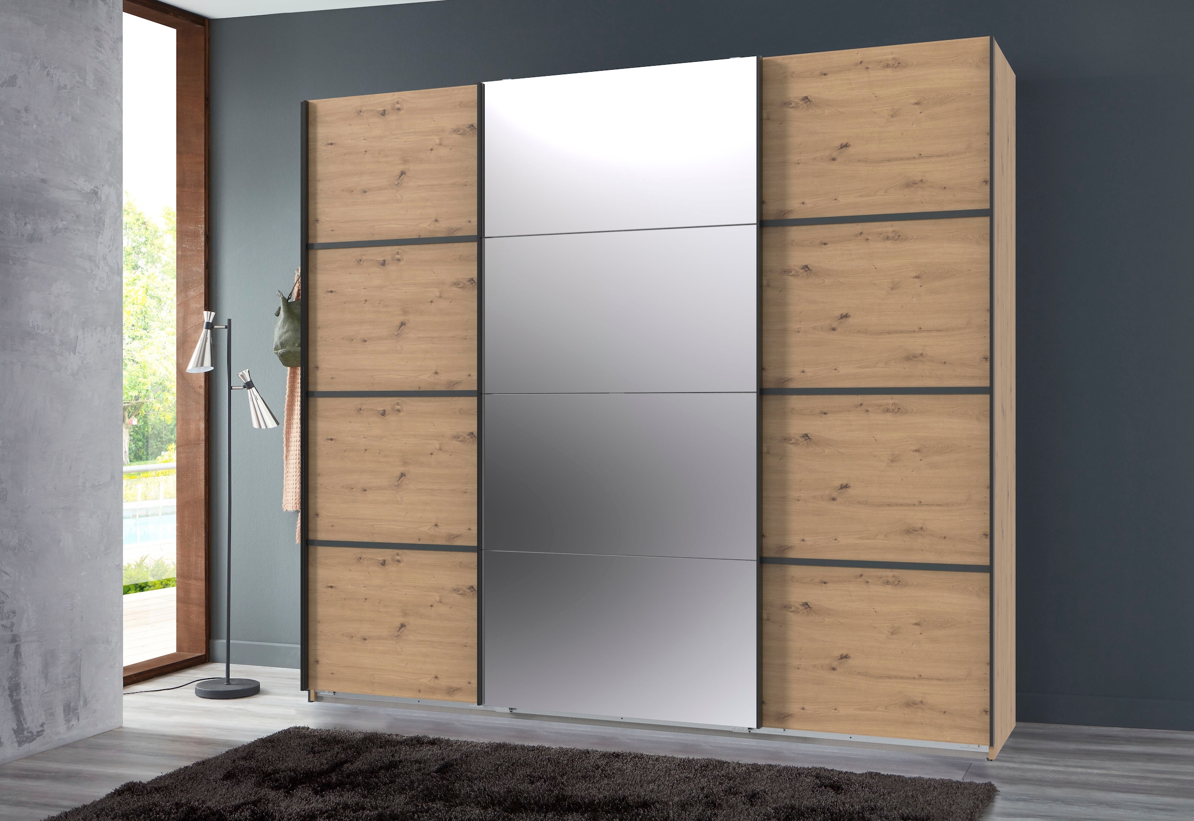 Wimex Schwebetürenschrank »Jork Kleiderschrank mit Spiegel, schwarze Metallgriffe«, Schrank in verschiedenen Größen und Innenausstattungsvarianten