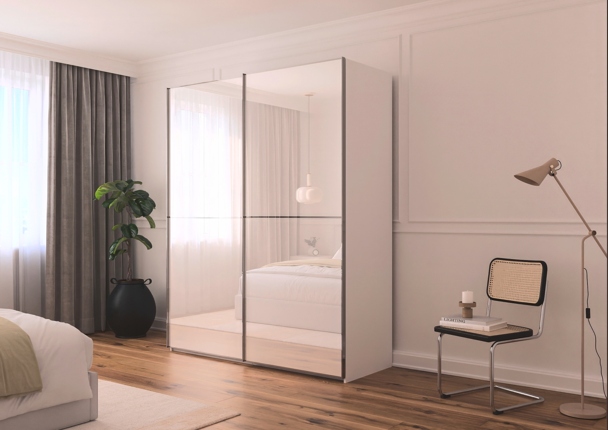 rauch Schwebetürenschrank »Kleiderschrank Schrank Garderobe Schlafzimmerschrank SCALE-DUO« edle zweigeteilte Türen Glas-Front mit 3 Zierleisten MADE IN GERMANY